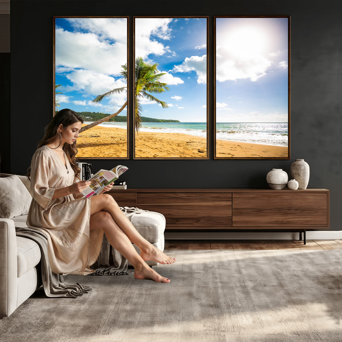 79108949-MGV-CV-36X24 - Tropical Beach Canvas Wall Art, Palm Tree Ocean Photo Print, Coastal Living Room Decor, Turquoise Sea Beach House Art, Summer Wall Art