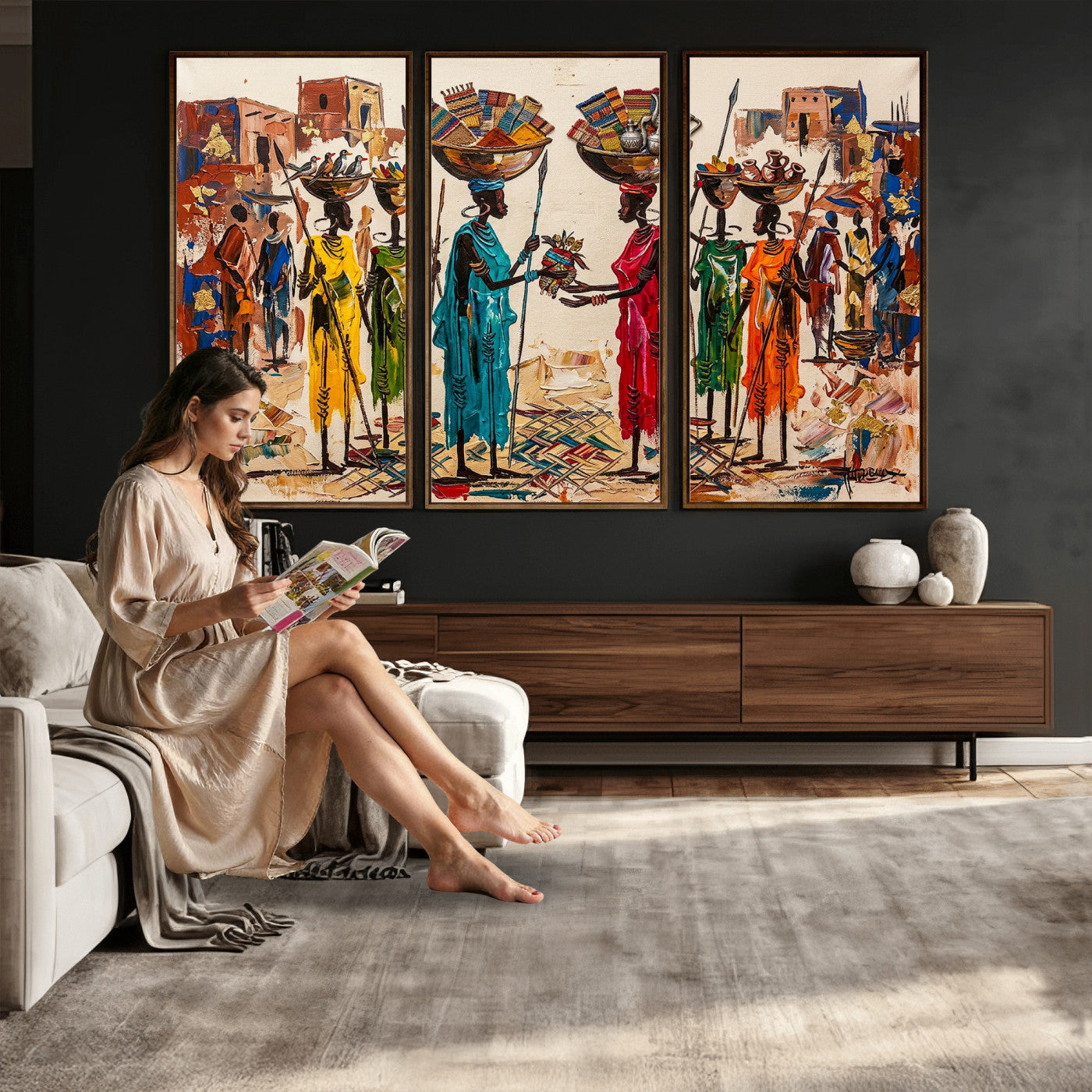 54818657-MGV-CV-36X24 - African Folk Art Canvas Wall Art, Colorful African Women Village Painting Print, Tribal Ethnic Home Decor, Vibrant African Art, Living Room