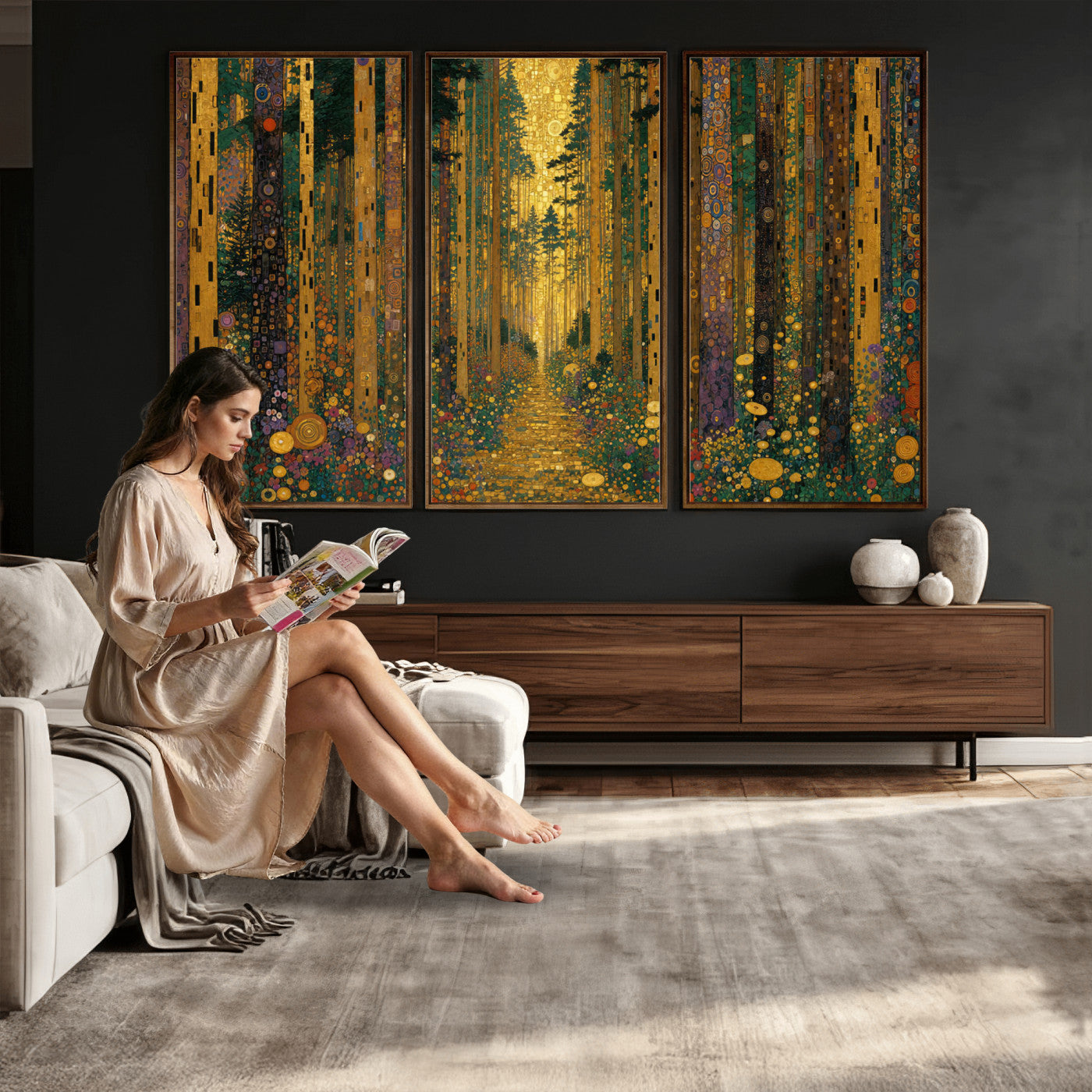 79483321G-MGV-CV-48X32-3P - Gustav Klimt Style Forest Canvas Wall Art, Golden Forest Path Floral Art Nouveau Print, Enchanted Woodland Decor