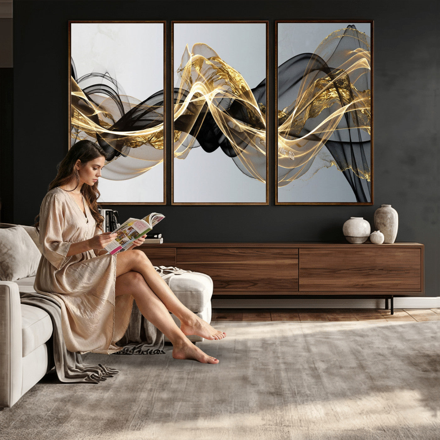 79483321DL-MGV-CV-36X24 - Black and Gold Abstract Wall Art, Modern Wave Canvas Print, Elegant Flowing Smoke Art, Luxury Living Room Decor