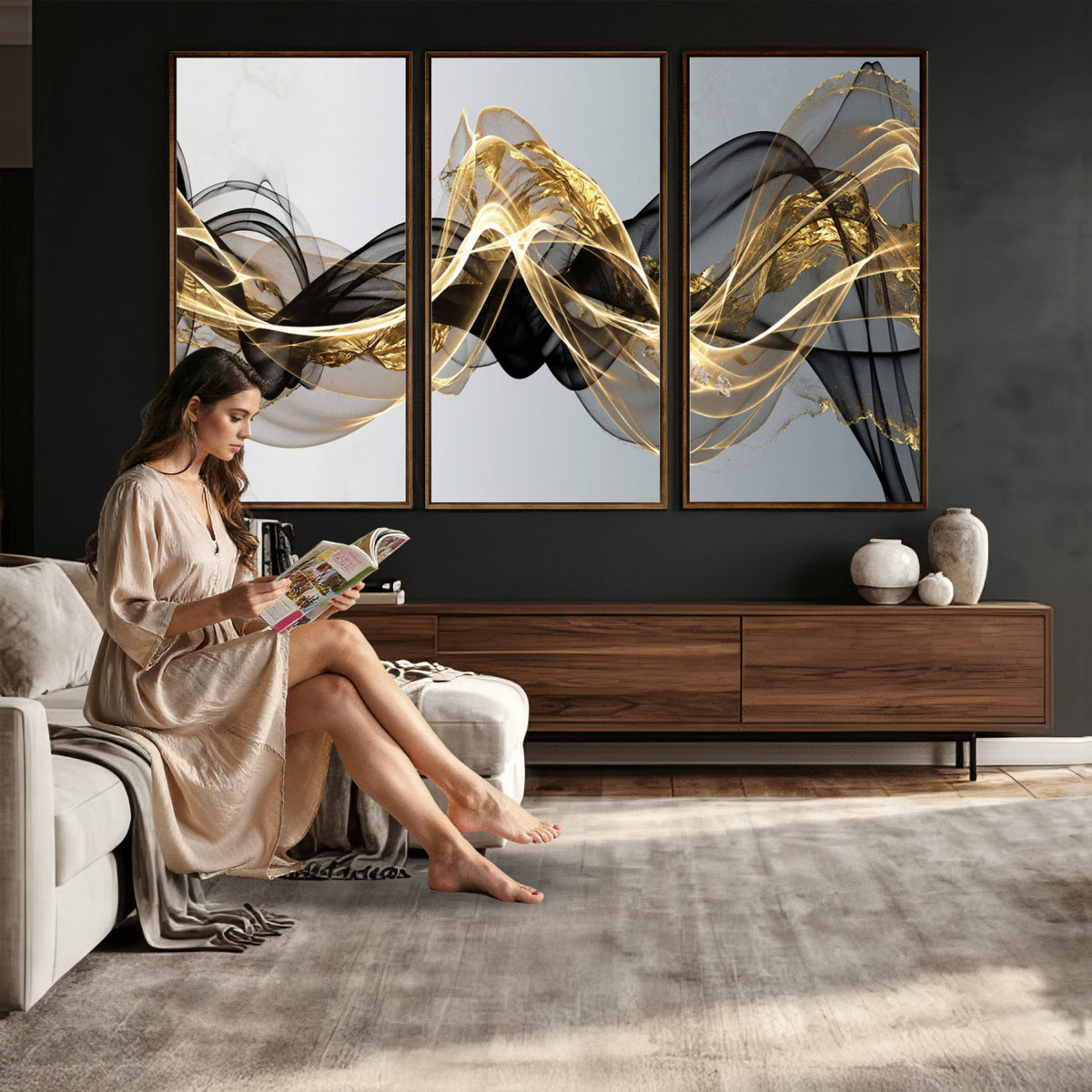79483321DL-MGV-CV-36X24 - Black and Gold Abstract Wall Art, Modern Wave Canvas Print, Elegant Flowing Smoke Art, Luxury Living Room Decor