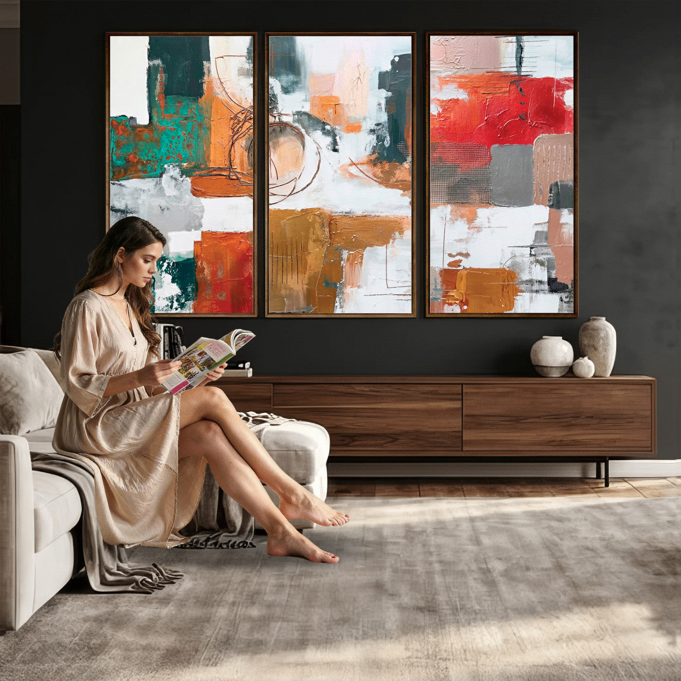 50720312-MGV-CV-36X24 - Blue Teal Abstract Canvas Wall Art | Modern Textured Painting Print, Navy Orange White Contemporary Art, Neutral Living Room Decor, Office Art.