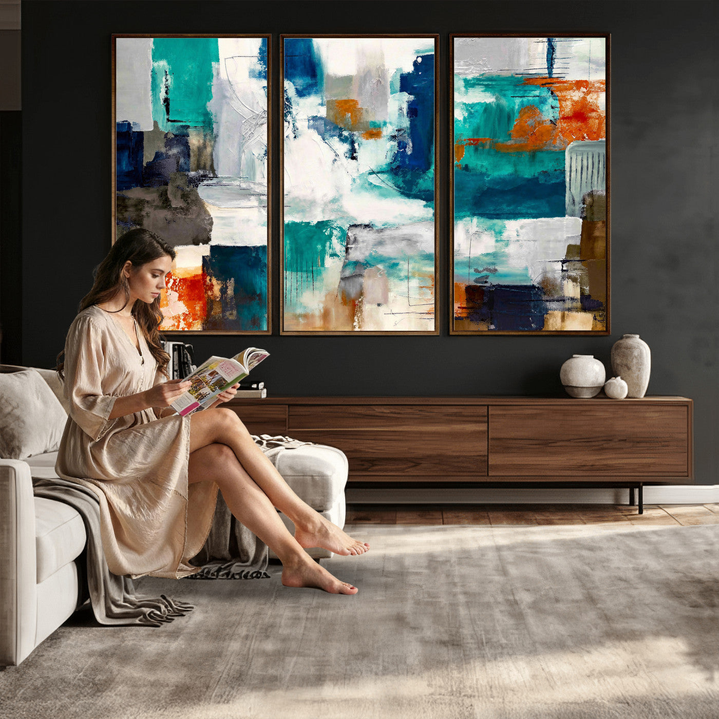 44038089-MGV-CV-36X24 - Blue Teal Abstract Canvas Wall Art, Modern Textured Painting Print, Navy Orange White Contemporary Art, Neutral Living Room Decor, Office Art