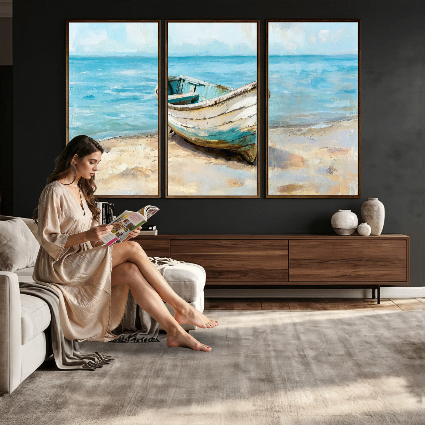 14780565-MGV-CV-36X24 - Coastal Boat Canvas Wall Art Print, Beach Boat Painting, Nautical Ocean Decor, Seascape Wall Art - Ready to Hang
