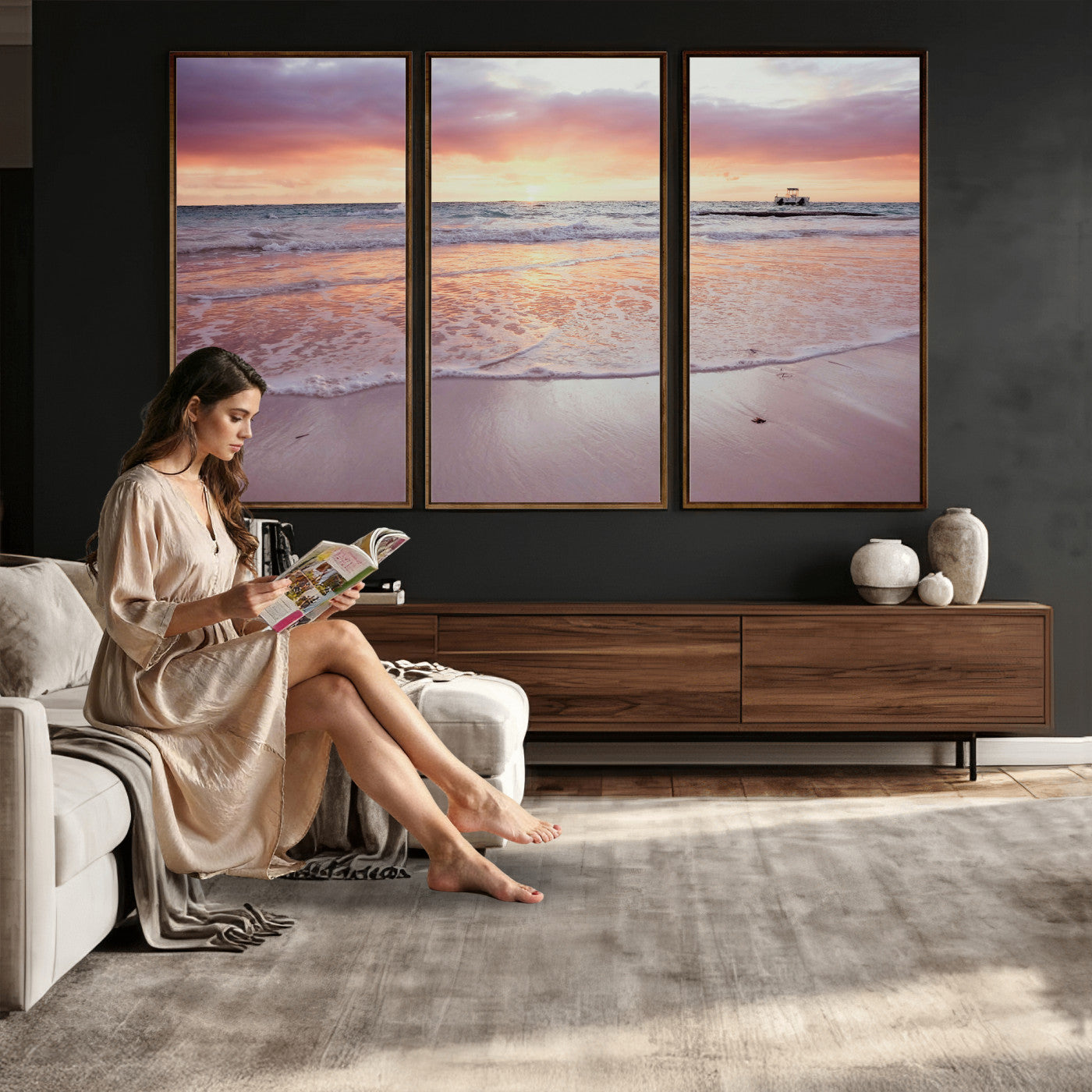 44765395-MGV-CV-36X24 - Beach Sunset Canvas Wall Art Print - Ocean Waves Landscape, Coastal Photography, Seascape Wall Decor, Ready to Hang