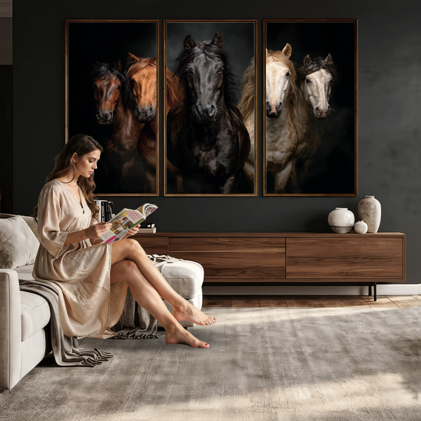 77696206-MGV-CV-36X24 - Horse Wall Art Canvas Print, Wild Horses Portrait Photography, Animal Horse Decor, Black Brown White Horse Herd, Rustic Ranch Art