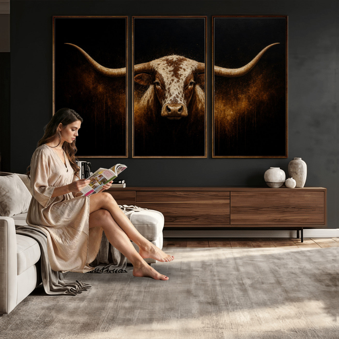 12628958-MGV-CV-36X24 - Texas Longhorn Canvas Wall Art Moody Western Bull Oil Painting Print