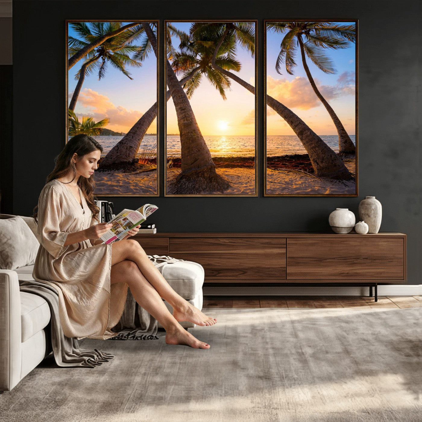 75123213-MGV-CV-36X24 - Tropical Island Coconut Palm Trees Sunset Wall Art Canvas Print - Turquoise Beach Print for Nautical Home Decor