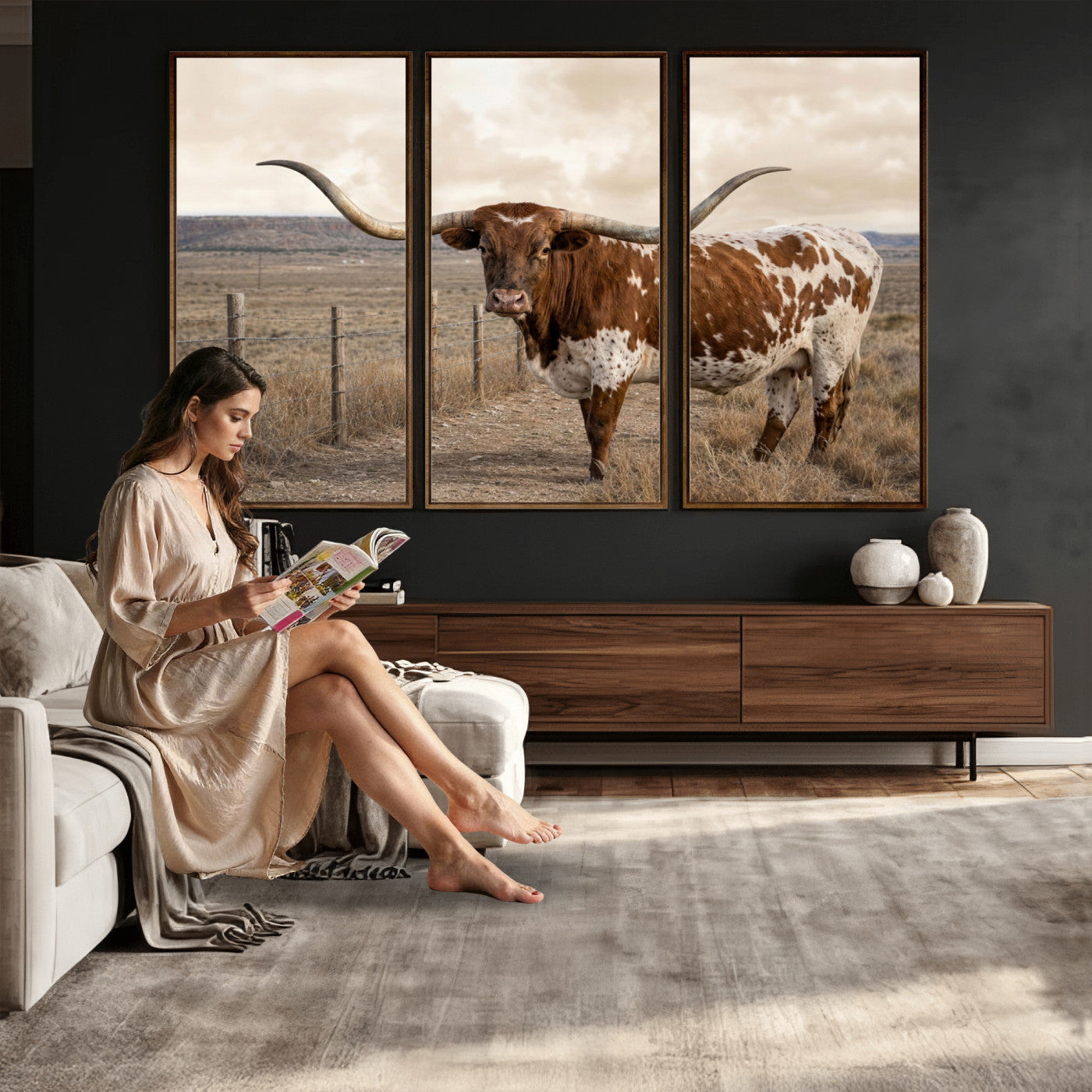 22808364-MGV-CV-36X24 - Texas Longhorn Cattle in Desert Pasture Wall Art Canvas Print - Rustic Western Decor