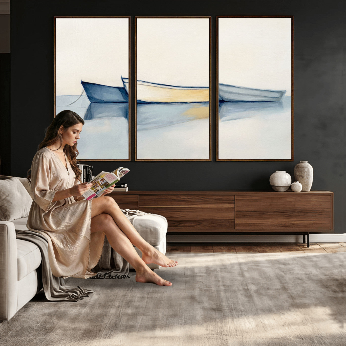84017361-MGV-CV-36X24 - Abstract Three Boats Reflecting on Water Wall Art Canvas Print - Minimalist Coastal Seascape