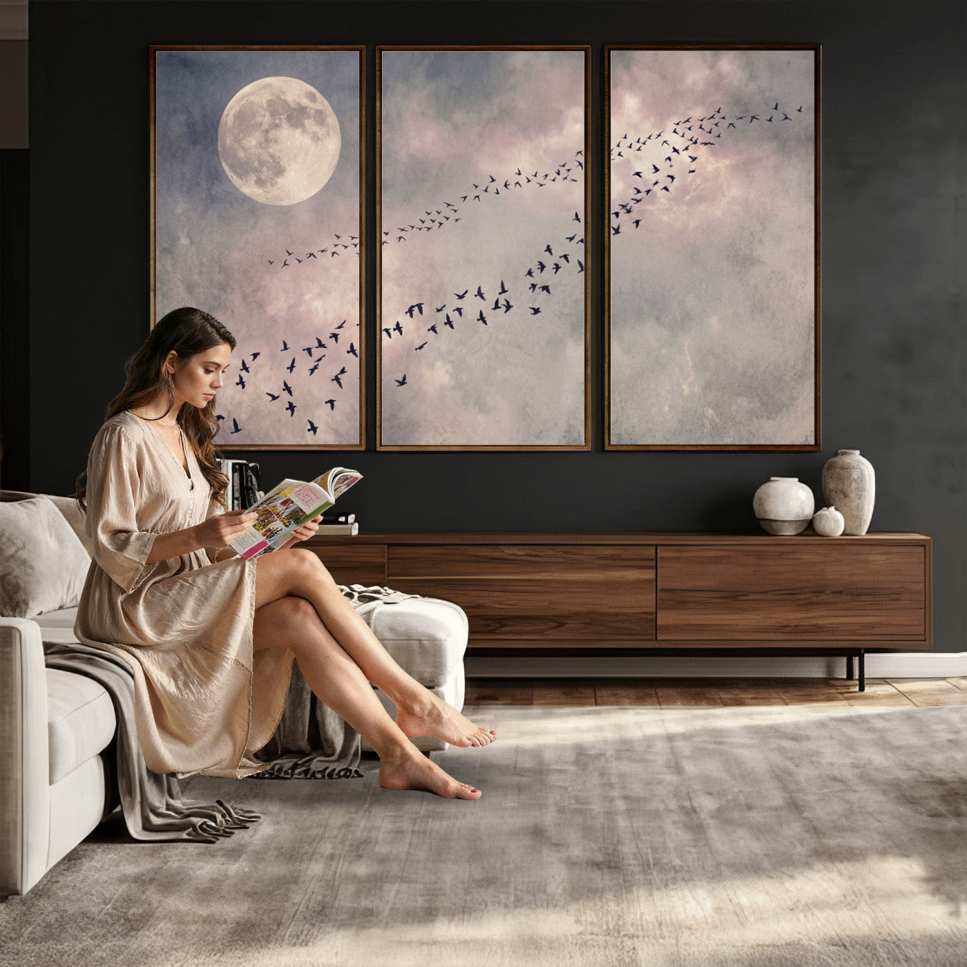 52339590-MGV-CV-36X24 - Birds Flying to Moon Wall Art Canvas Print - Vintage Surreal Night Sky Sky Print