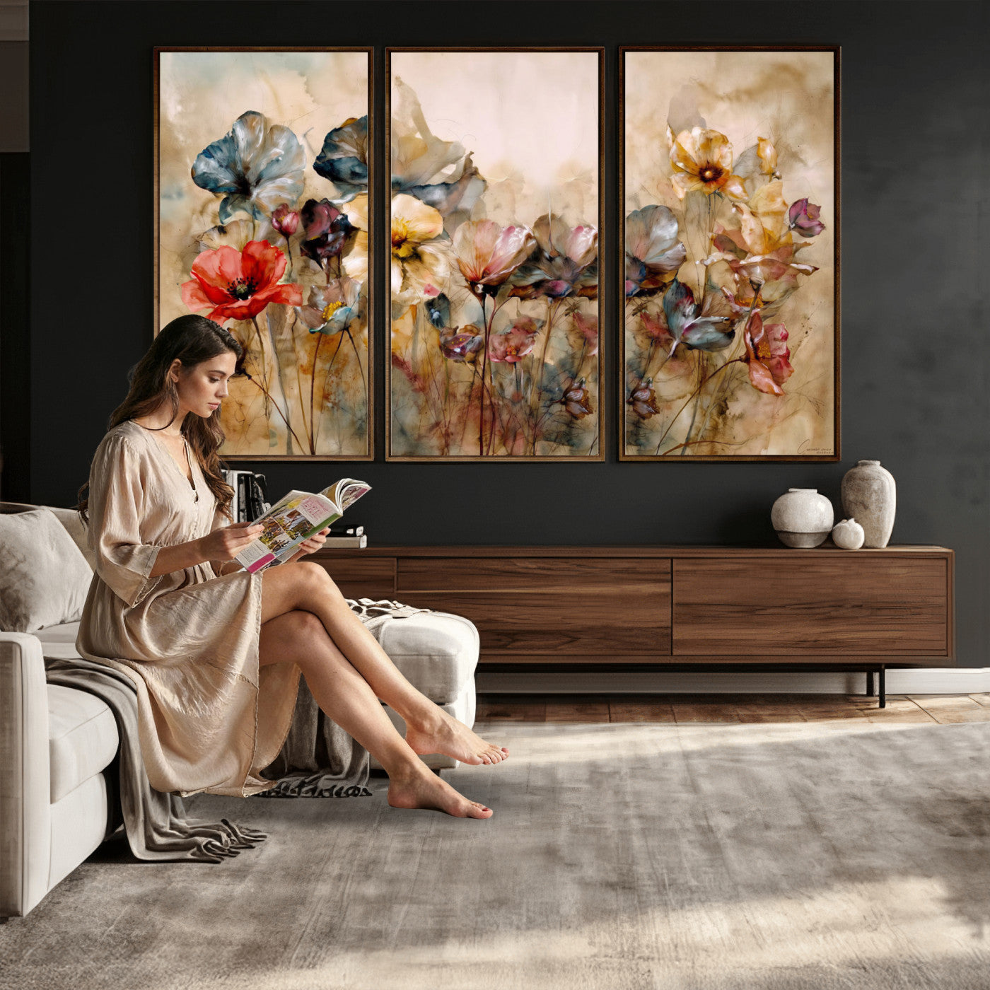 11407233-MGV-CV-36X24 - Vintage Dried Floral Meadow Wall Art Canvas Print, Translucent Watercolor Flowers Painting Print