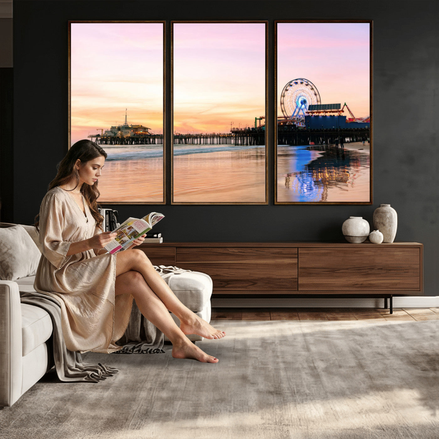 27381272-MGV-CV-36X24 - Santa Monica Pier Sunset Beach Wall Art Canvas Print, California Ferris Wheel Photo Print