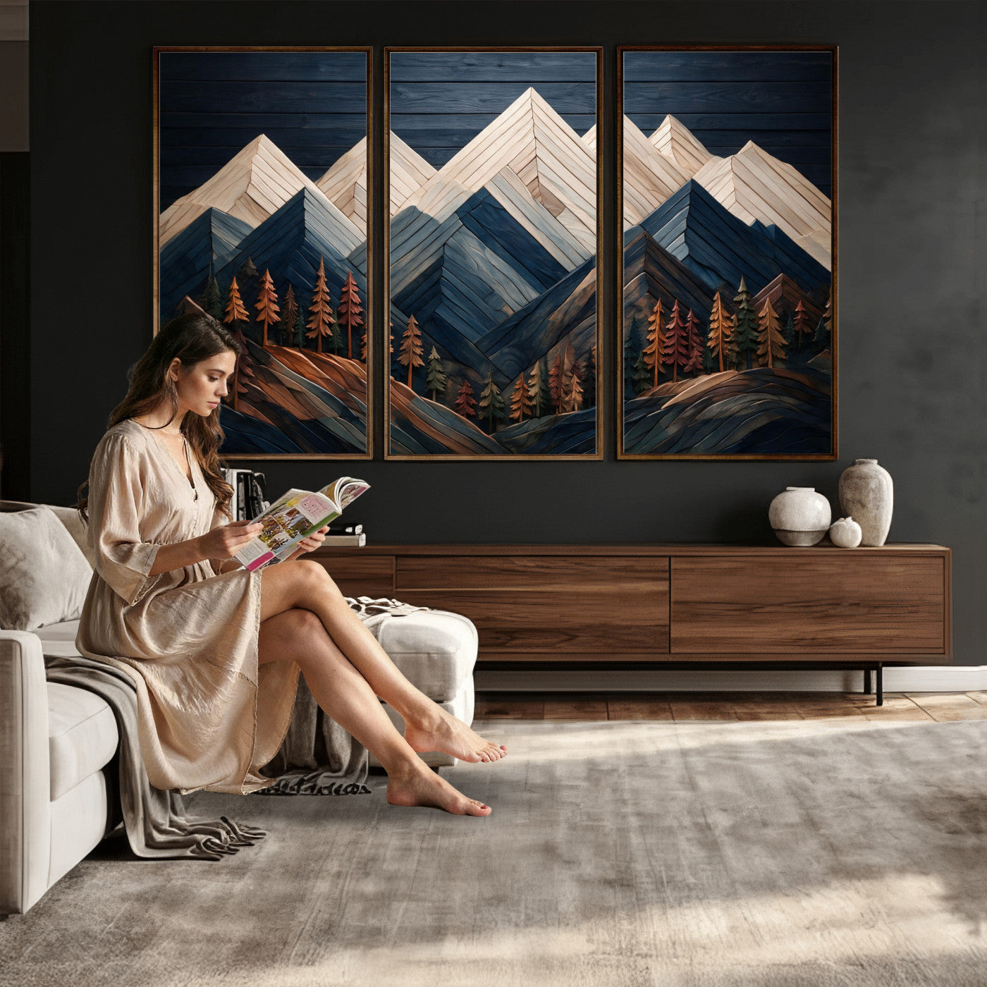 87765072-MGV-CV-36X24 - Geometric Wood Mountain Wall Art Canvas Print, 3D Look Rustic Mosaic Landscape Print