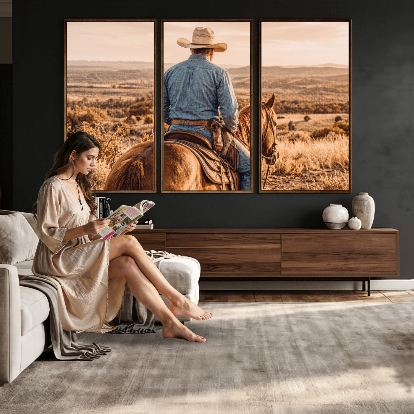 62076449-MGV-CV-36X24 - Texas Cowboy and Horse Print for Western Wall Art Decor for Farmhouse