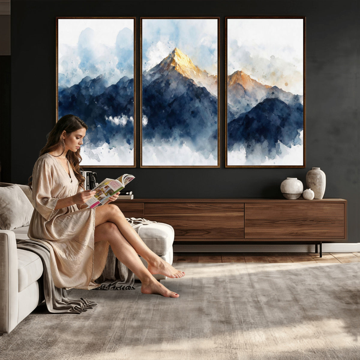 62076449DG1-MGV-CV-36X24 - Abstract Watercolor Mountain Lake Wall Art Print for Living Room Decor