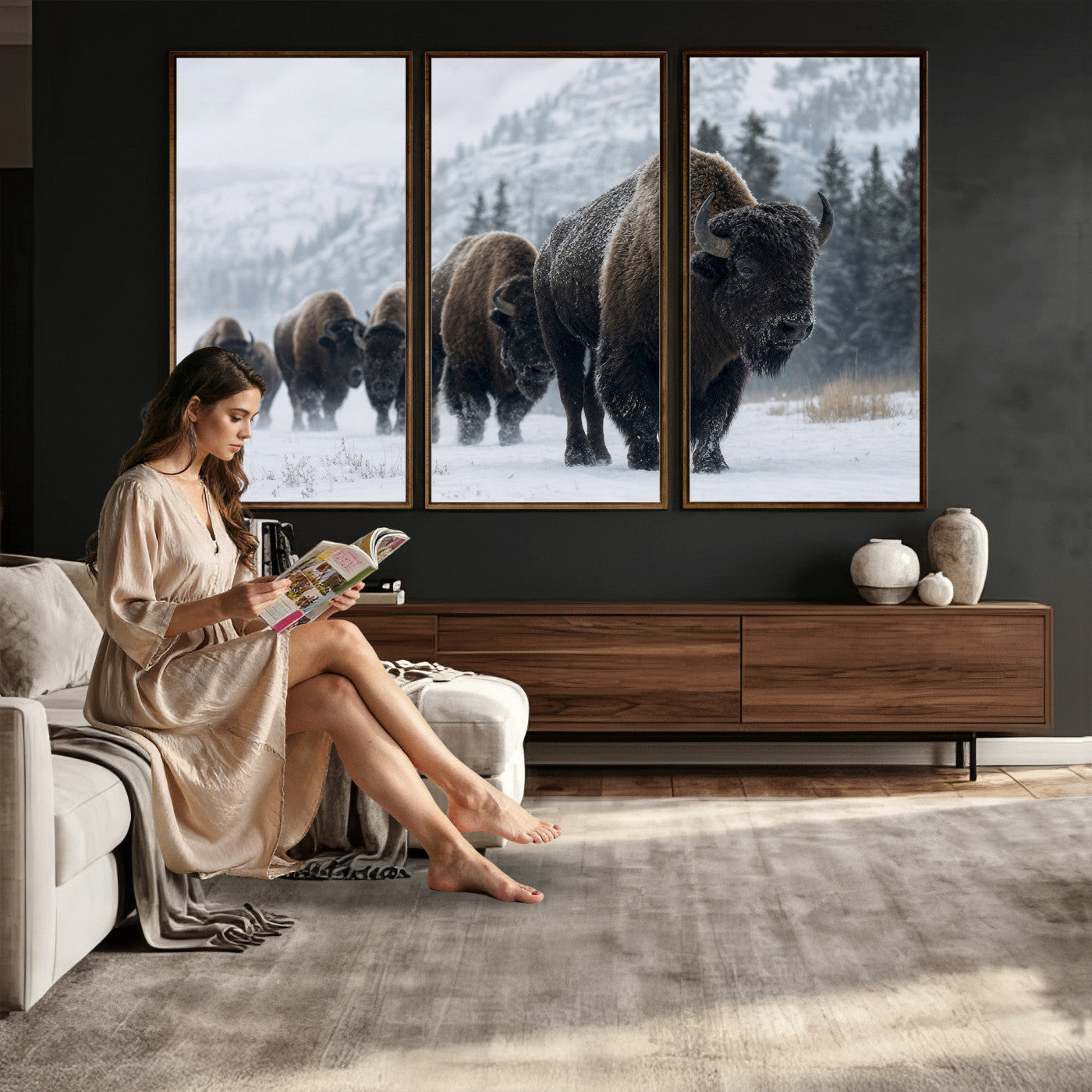 18343289-MGV-CV-36X24 - Rustic Bison Wall Art, American Buffalo Photo Print, Wildlife Canvas Artwork, Snowy Mountain Decor, Large Nature Poster, Cabin Gift Idea