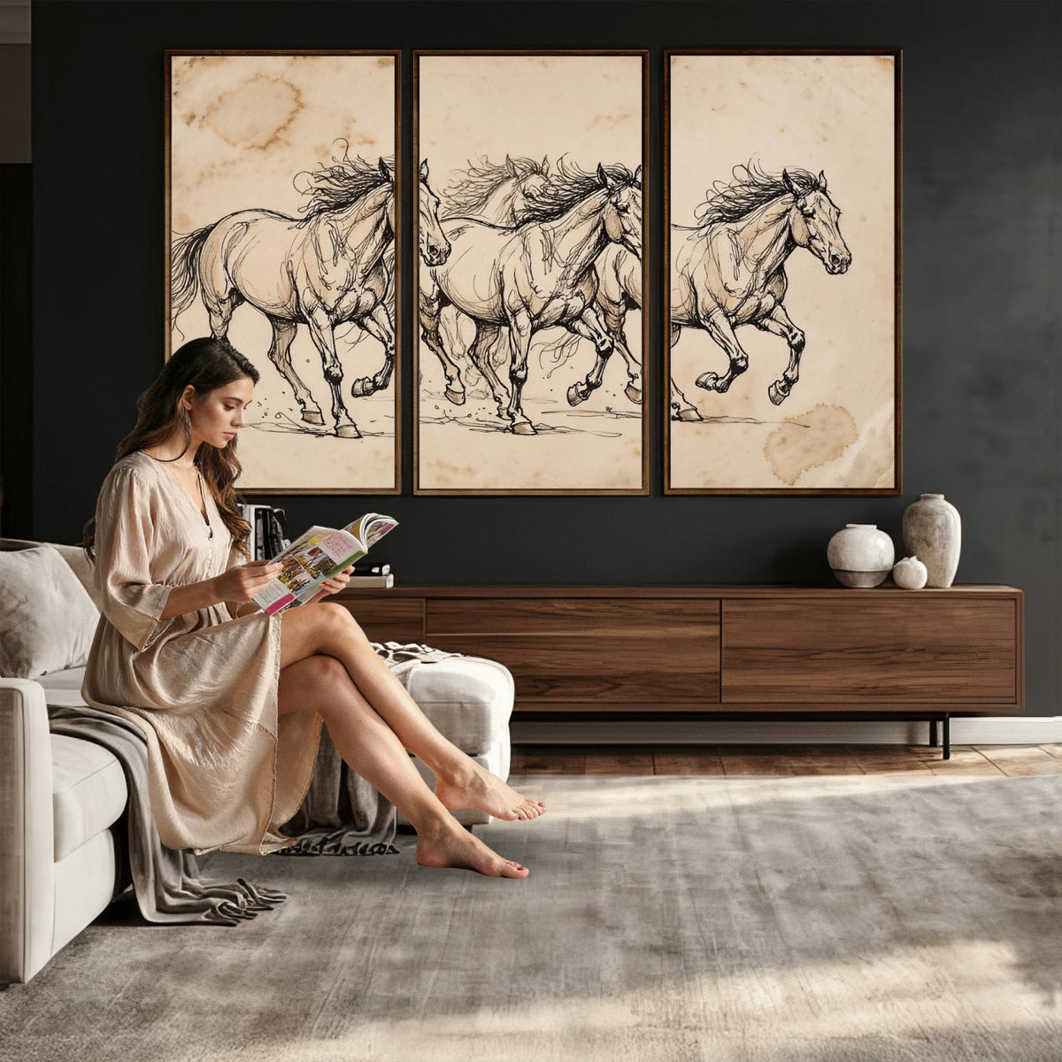 18242163-MGV-CV-36X24 - Vintage Horse Sketch Canvas Wall Art, Wild Horses Pencil Drawing Print, Antique Parchment Western Decor, Equine Sketching, Country Manor Gift