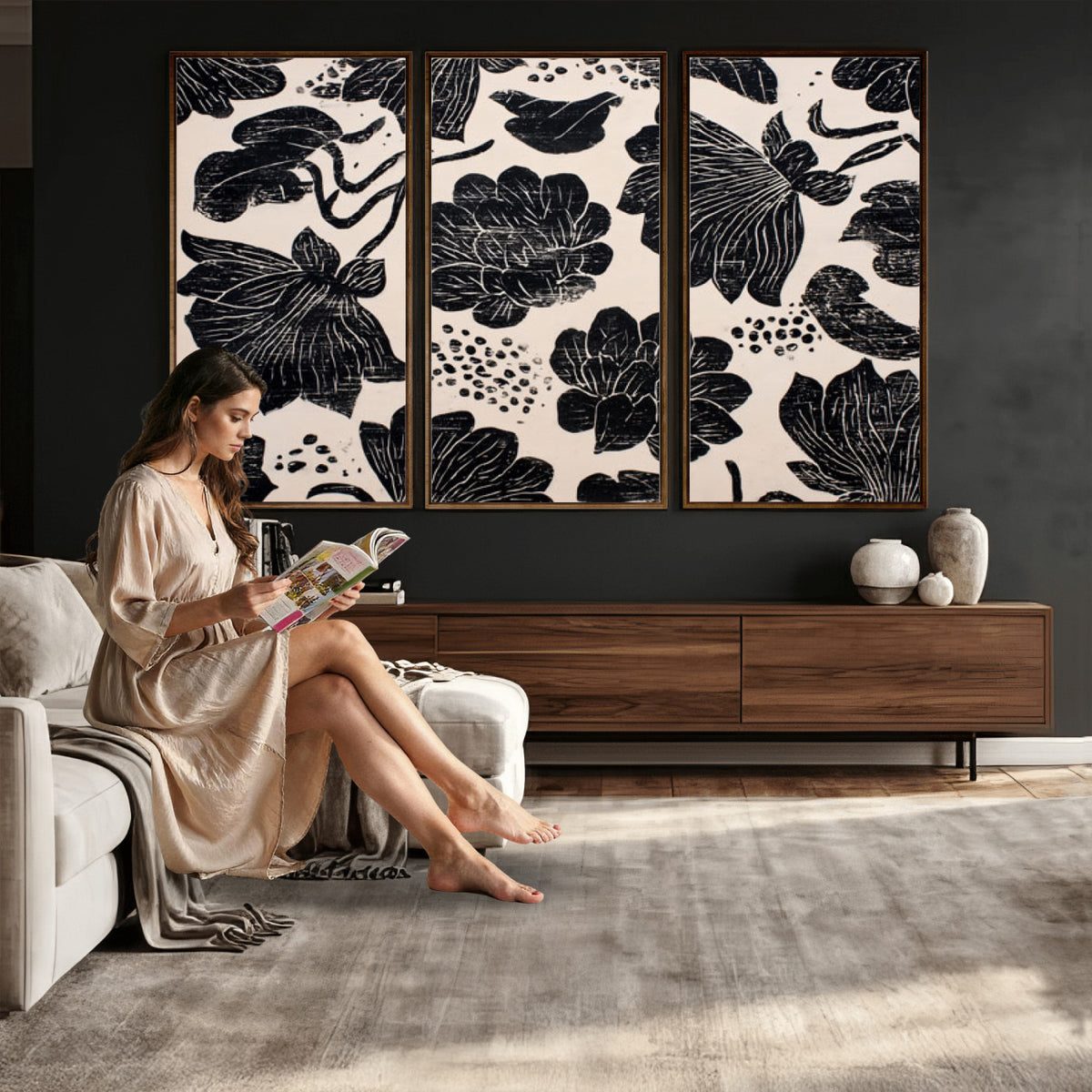 81787117-MGV-CV-36X24 - Linocut Black Lotus Floral Wall Art Canvas Print, Vintage Monochrome Botanical Painting Print