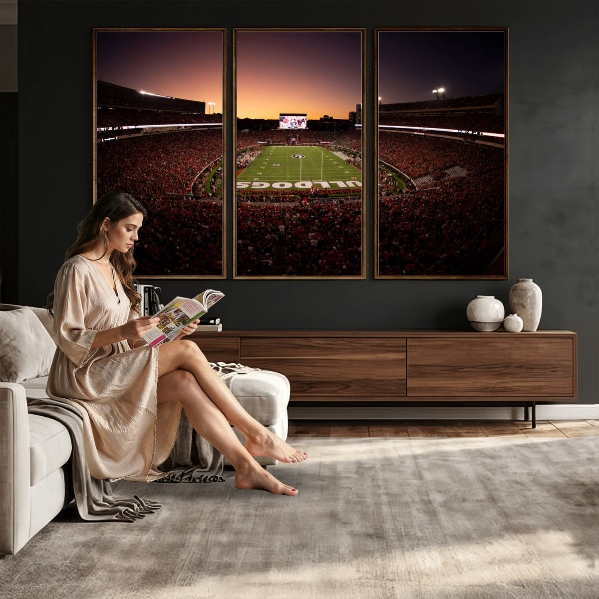 97720998-_Poster-30x20 - Georgia Bulldogs Stadium Sunset Canvas Print 3 Piece Framed Wall Art Extra Large Floating Frame Sports Poster Made in USA