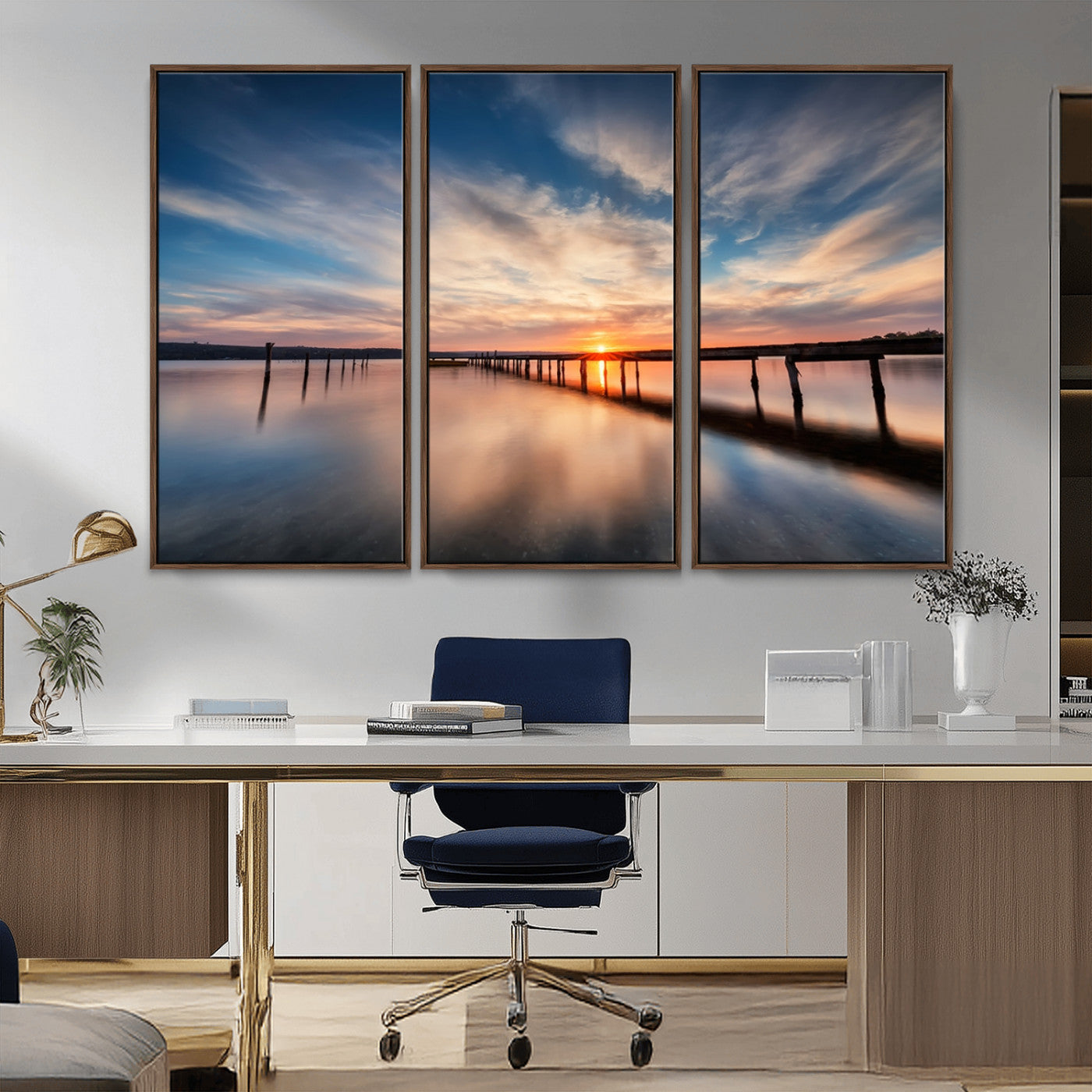 39967-MGV-CV-36X24-Wooden Pier on Seascape and Sunset Wall Art Canvas Print