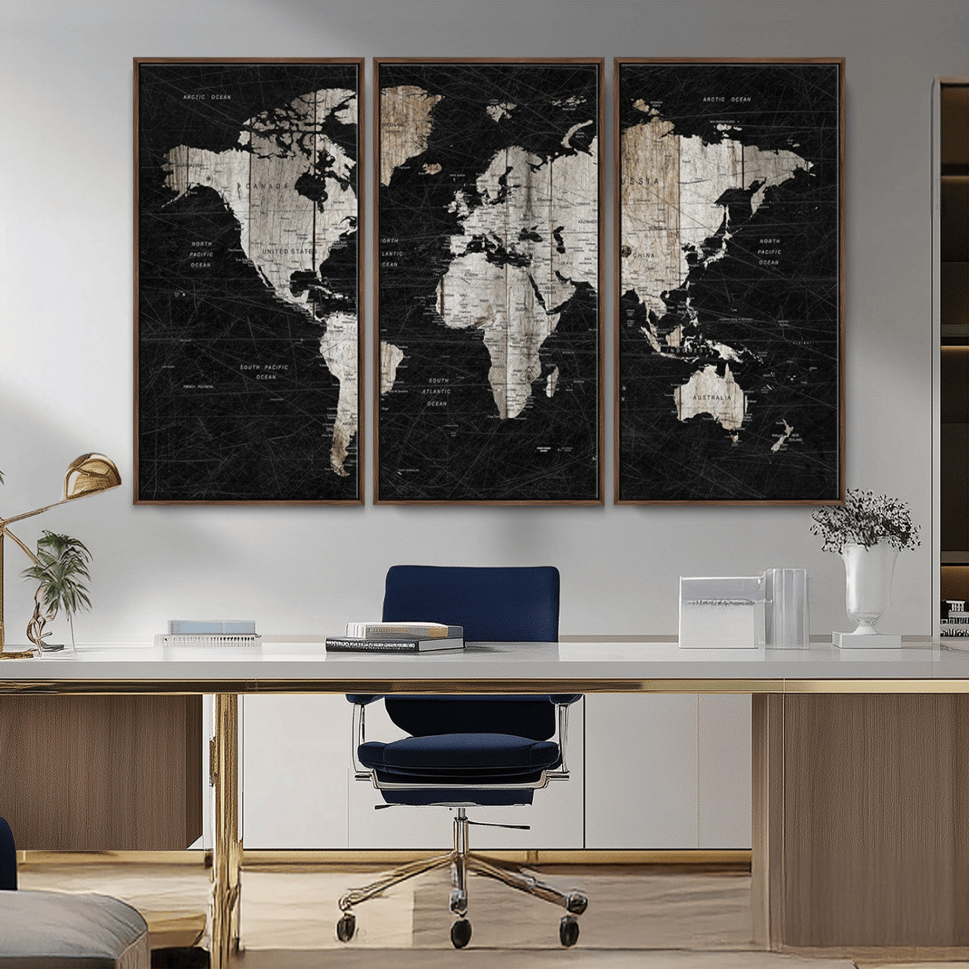 89998-MGV-CV-36X24-Rustic Black and Wood World Map Canvas Wall Art – Framed Push Pin Travel Map for Home and Office Decor, Modern Vintage Wall Artwork