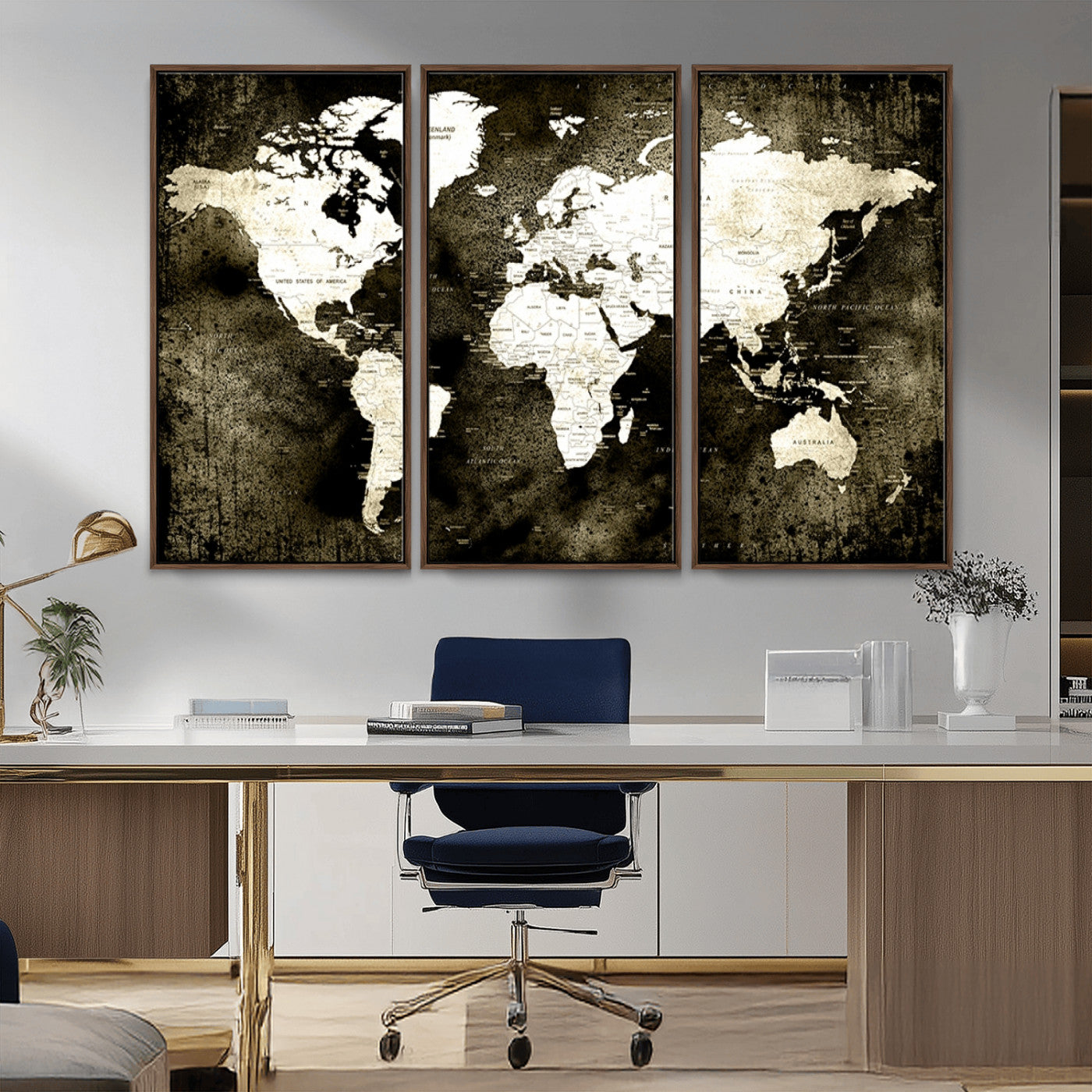 66737-MGV-FC-48X32-3P_Walnut-Vintage World Map Canvas Wall Art – Framed Push Pin Travel Map for Home and Office Decor, Rustic Wall Artwork for Travelers