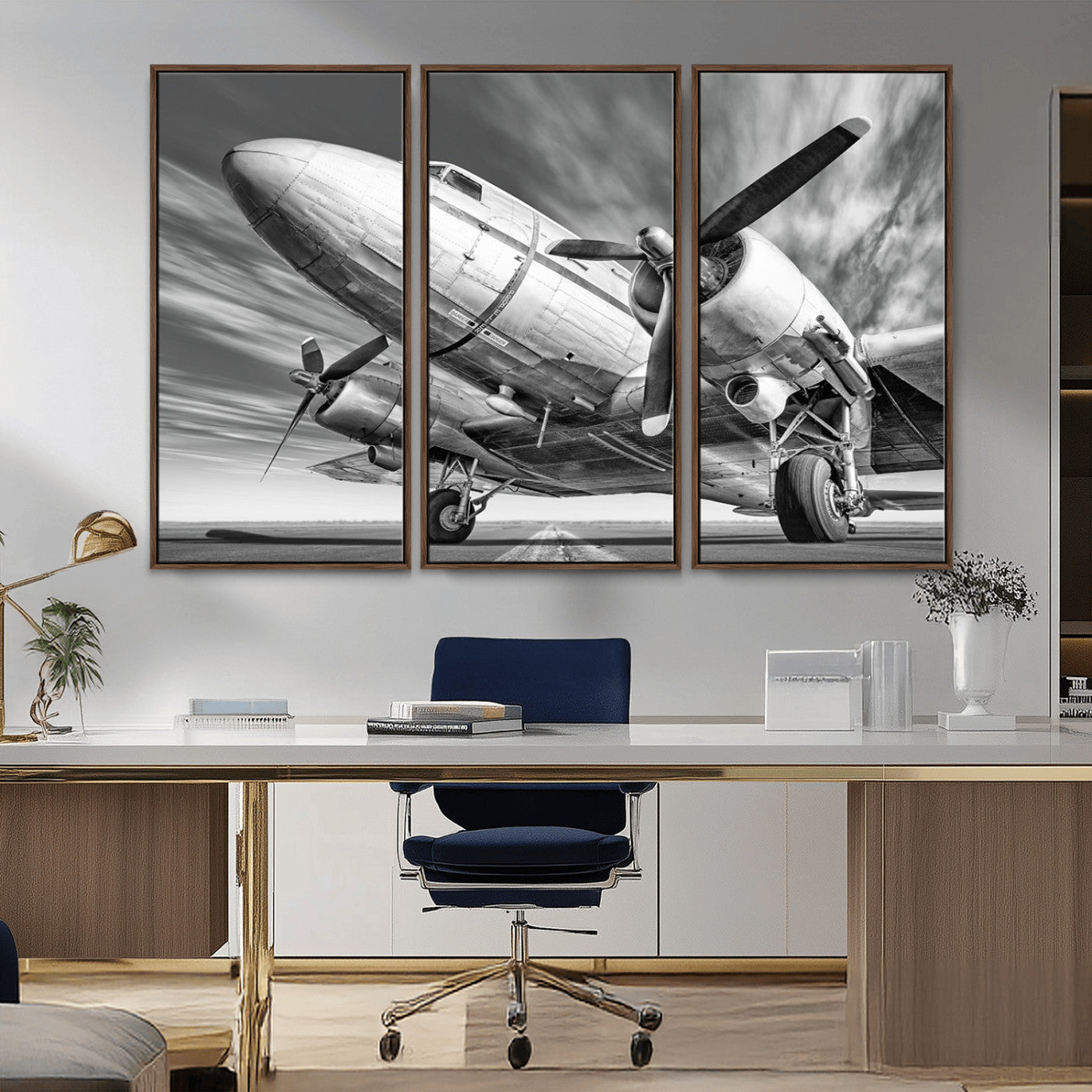 82744-MGV-FC-48X32-3P_Walnut-Vintage Airplane on Runway Canvas Print