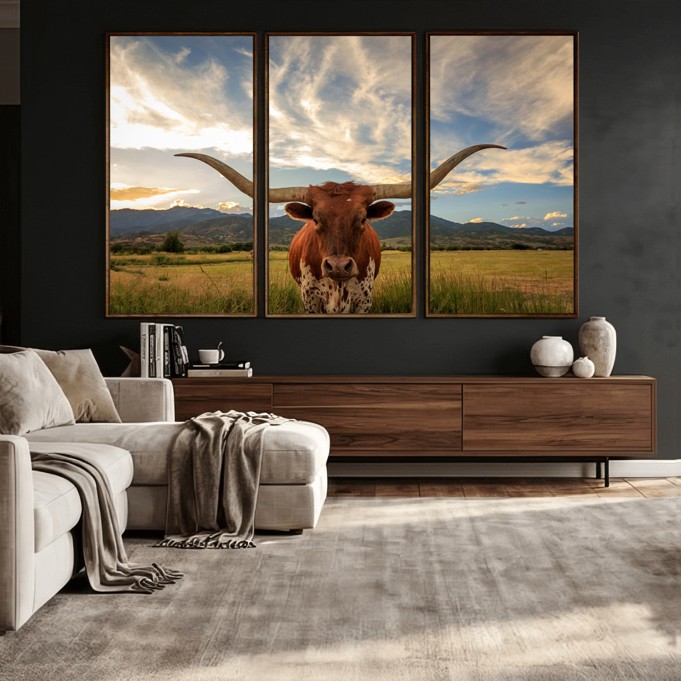 55416-MGV-CV-36X24 - Texas Longhorn Canvas Wall Art – Majestic Triptych Animal Print – Rustic Western Decor for Living Room