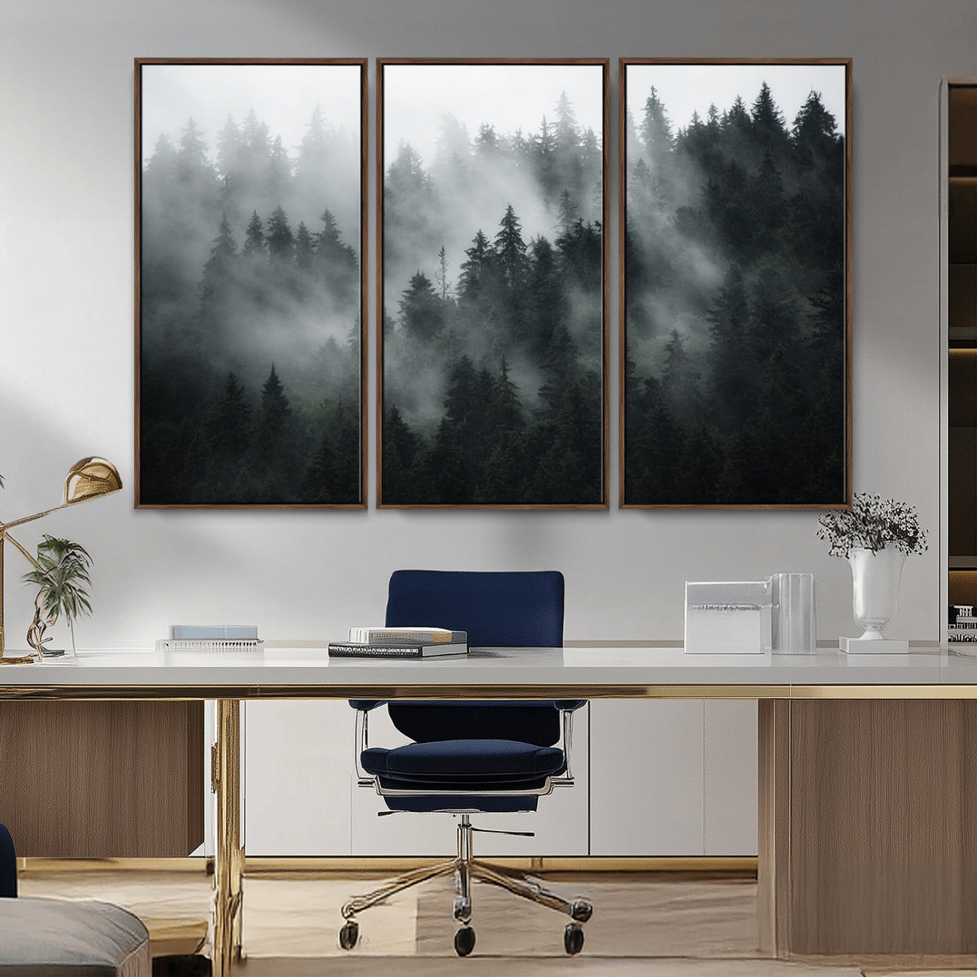 52359-MGV-FC-48X32-3P_Walnut-Foggy Forest Wall Art Canvas Print | 3 Panel Large Misty Landscape for Dining Room, Office, or
