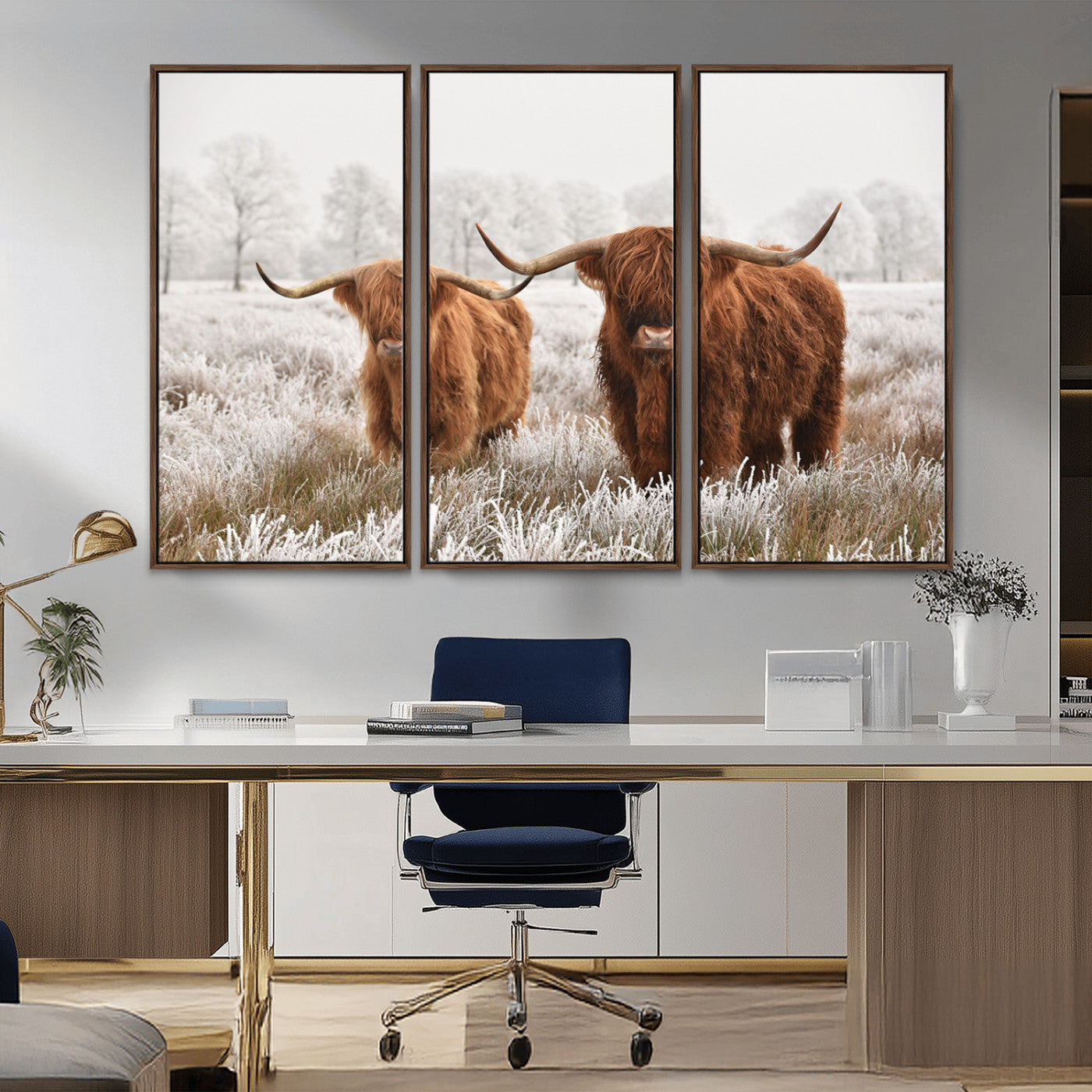 60379-MGV-FC-48X32-3P_Walnut-Longhorn Cattle Wall Art Canvas Print, Framed Farmhouse Style Art Picture Print, Rustic Cow Perfect Rustic Farmhouse Decor Artwork