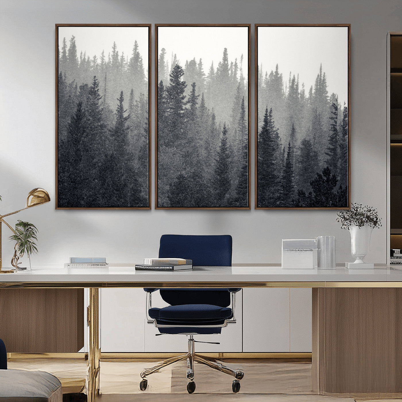 92450-MGV-FC-48X32-3P_Walnut-Misty Forest Canvas Wall Art – Monochrome Triptych Pine Tree Print – Nature-Inspired Home Decor –
