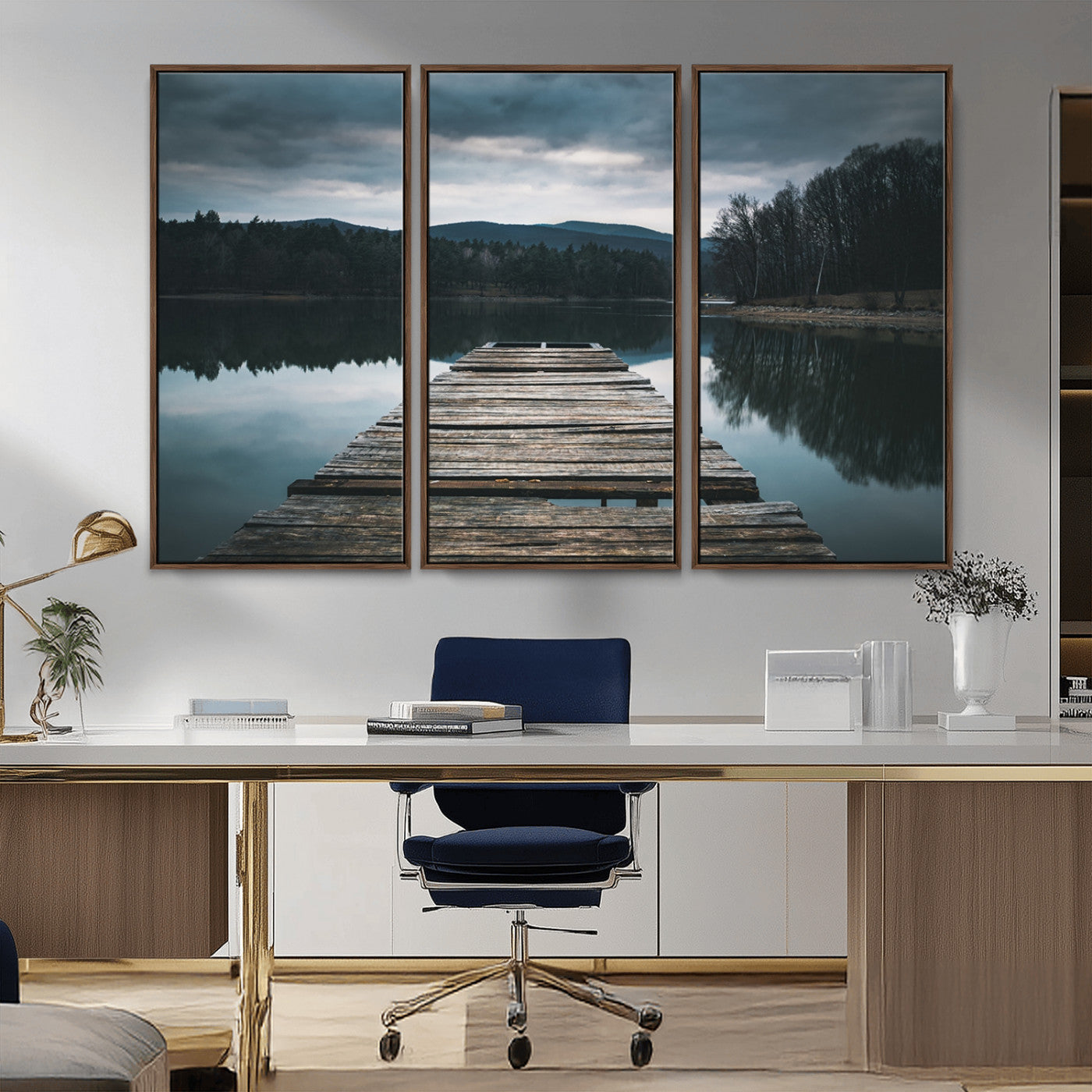 -Wooden Bridge Near Lake Wall Art Canvas Print