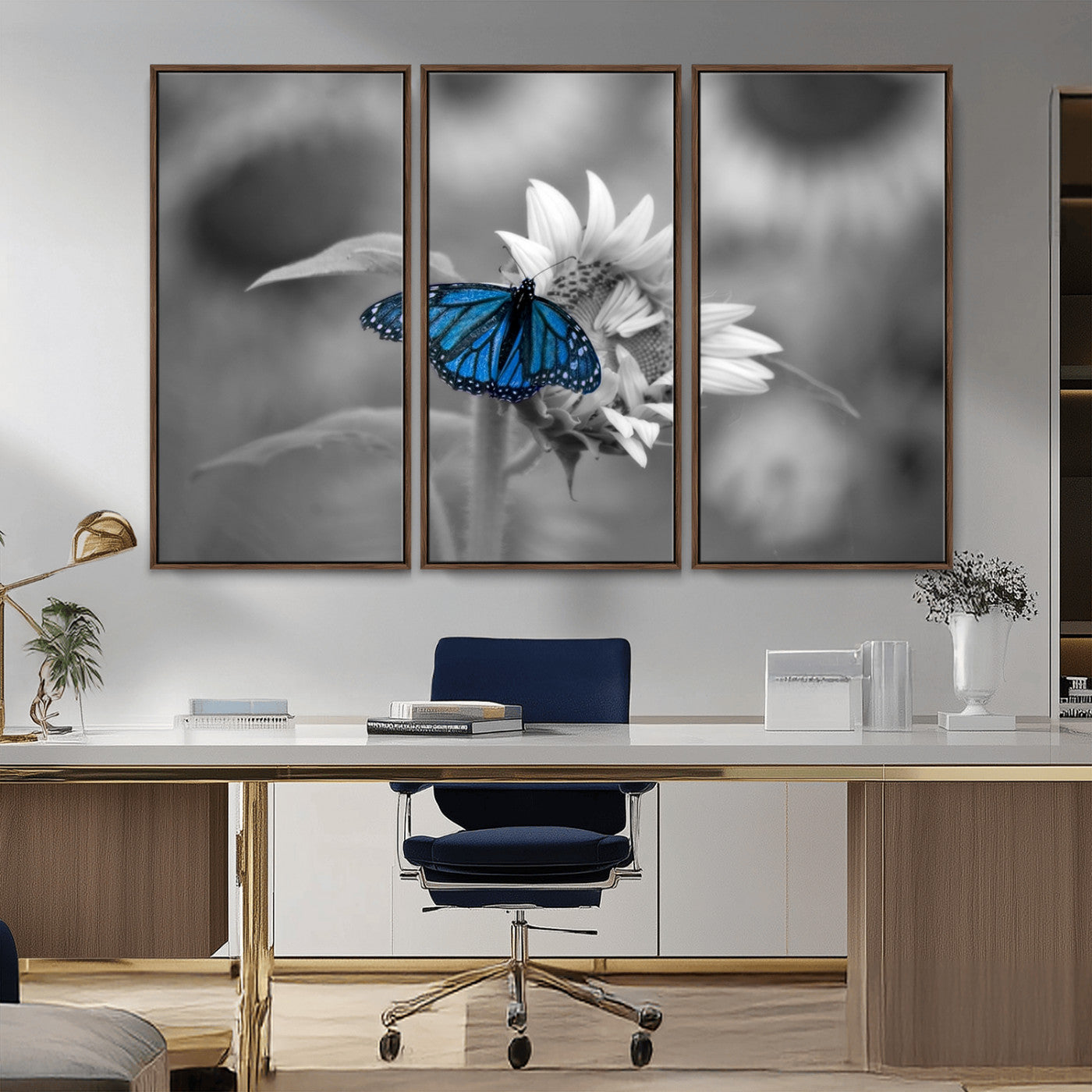 -Blue Butterfly Black and White Canvas Wall Art