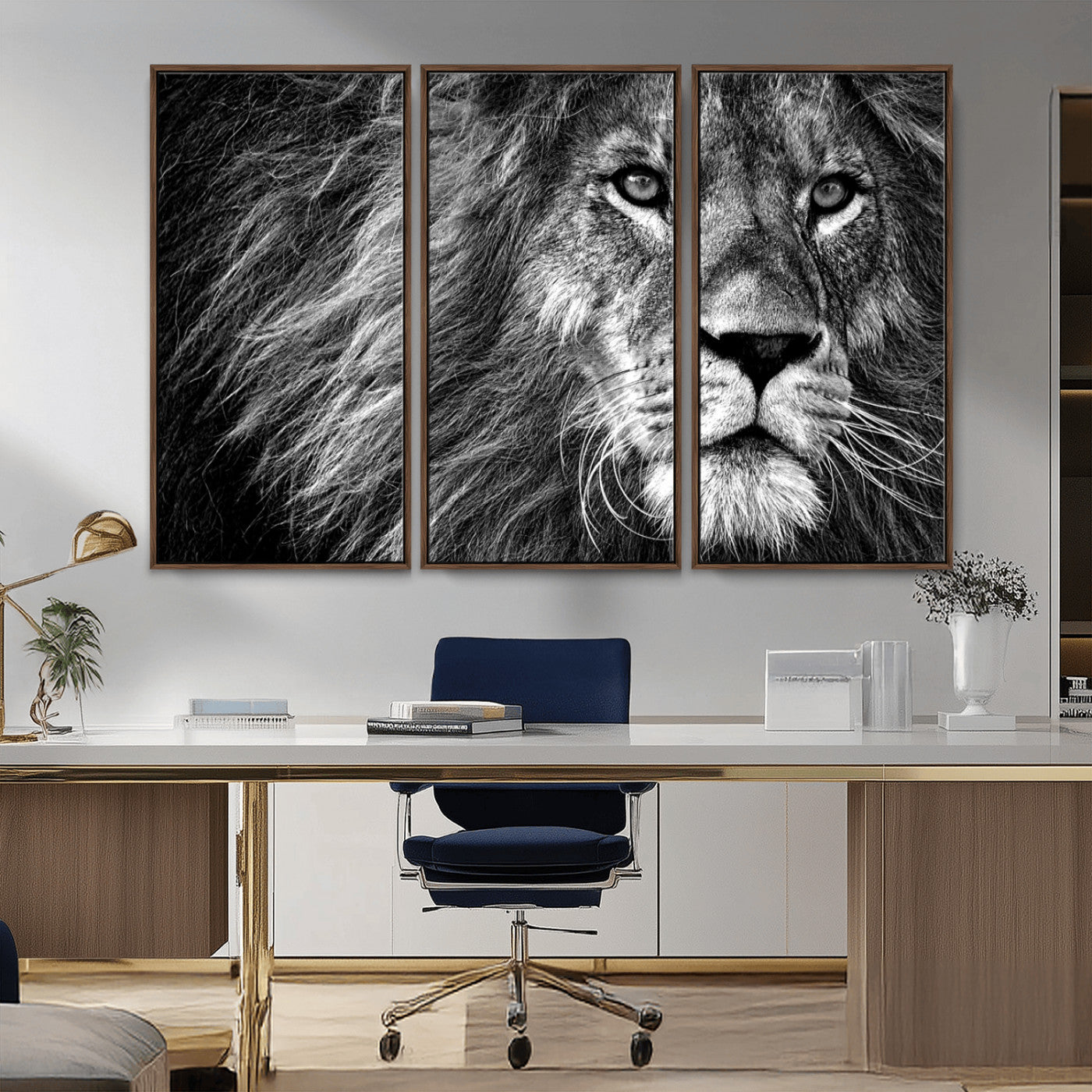 58363-MGV-FC-48X32-3P_Walnut-Black and White Lion Canvas Wall Art Print – Wildlife Portrait Artwork for Home, Office, Living Room, Guest Room
