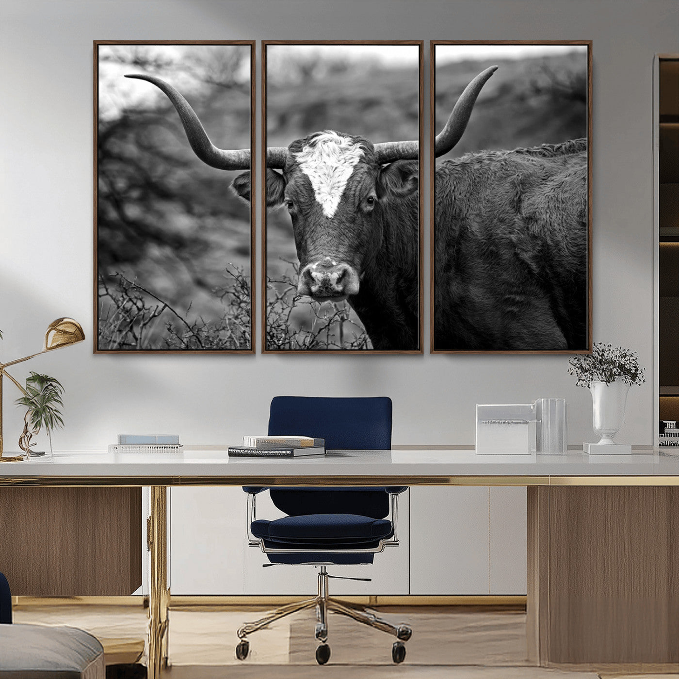 76200-MGV-FC-48X32-3P_Walnut-Western Home Wall Art Canvas Print, Framed Texas Longhorn Art Picture Print, Rustic Cow Perfect Rustic Farmhouse Decor Artwork
