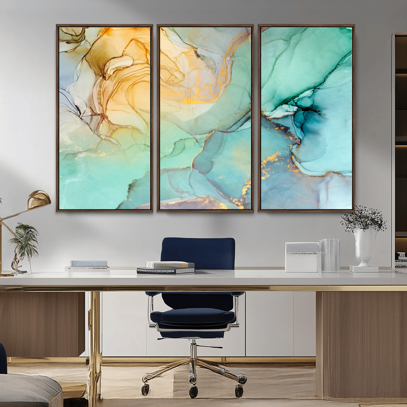 84233-MGV-CV-36X24-Abstract Aqua and Gold Fluid Wall Art Canvas | 3 Panel Large Canvas Print for Living Room, Office,