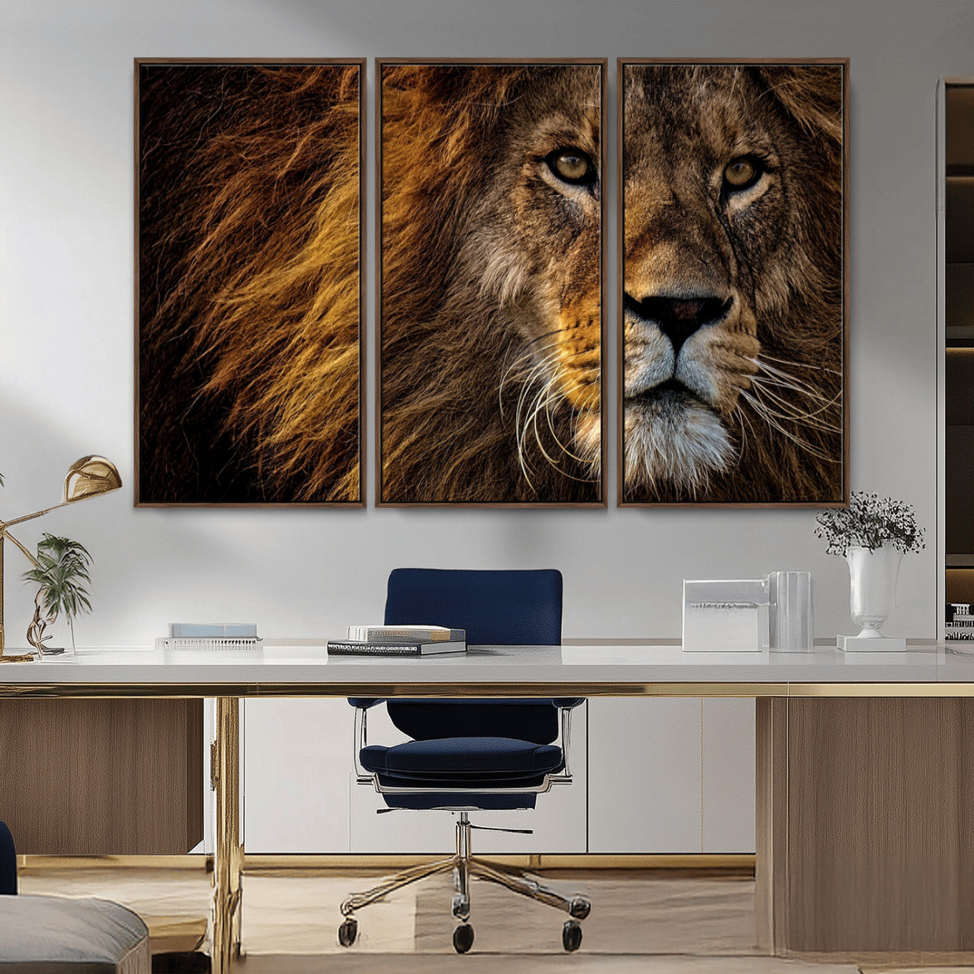 98665-MGV-FC-48X32-3P_Walnut-Mighty Lion Wall Art Canvas Print – Majestic Animal Portrait Artwork for Home, Office, Living Room, Guest Room