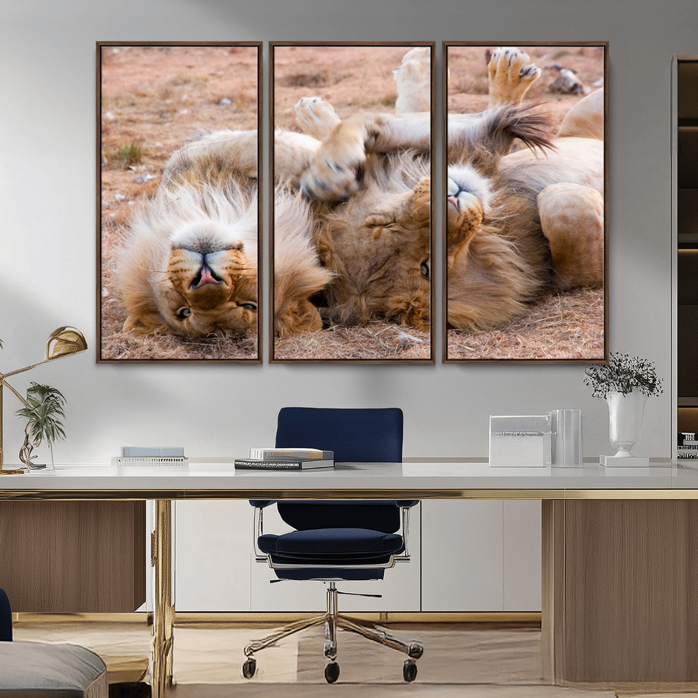 -Lion Pair Wall Art Canvas Print – Framed Wildlife Scene with Playful Lions Artwork for Home, Office, Living Room