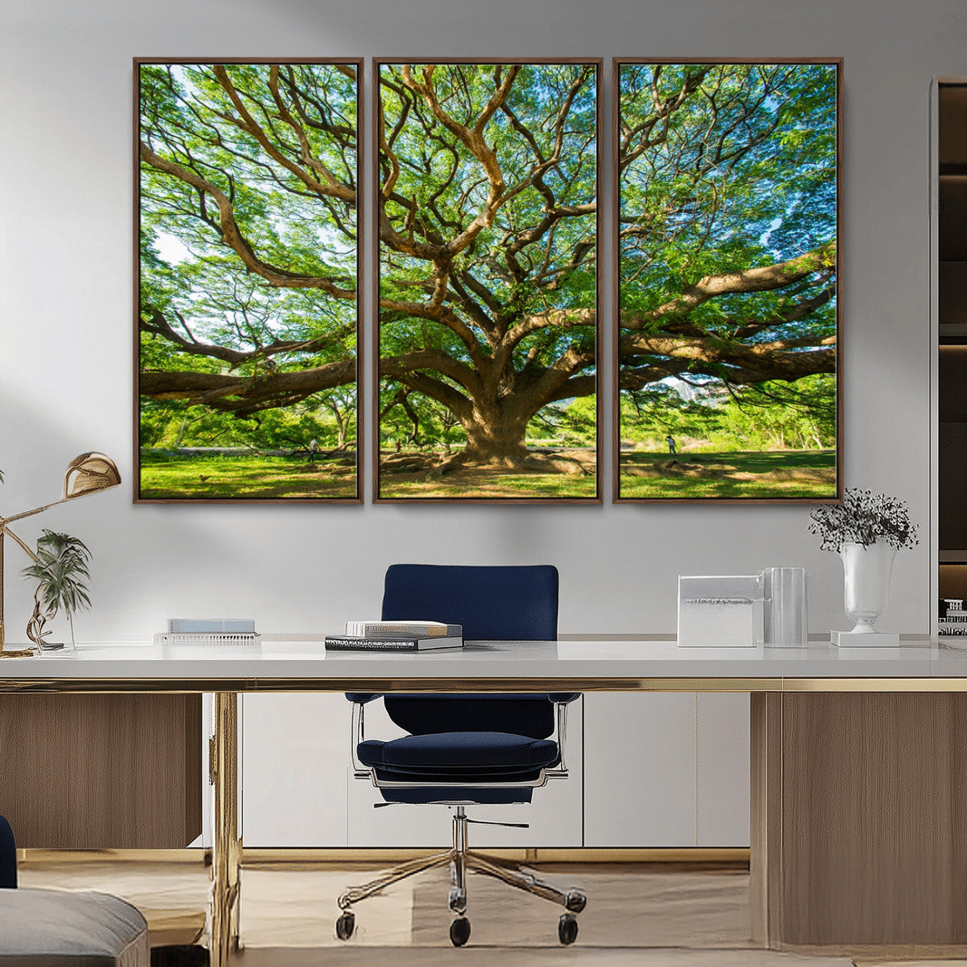 70569-MGV-FC-48X32-3P_Walnut-Majestic Oak Tree Wall Art – Serene Nature Canvas Print with Spreading Branches, Tranquil Forest Landscape Decor for Living Room or Office