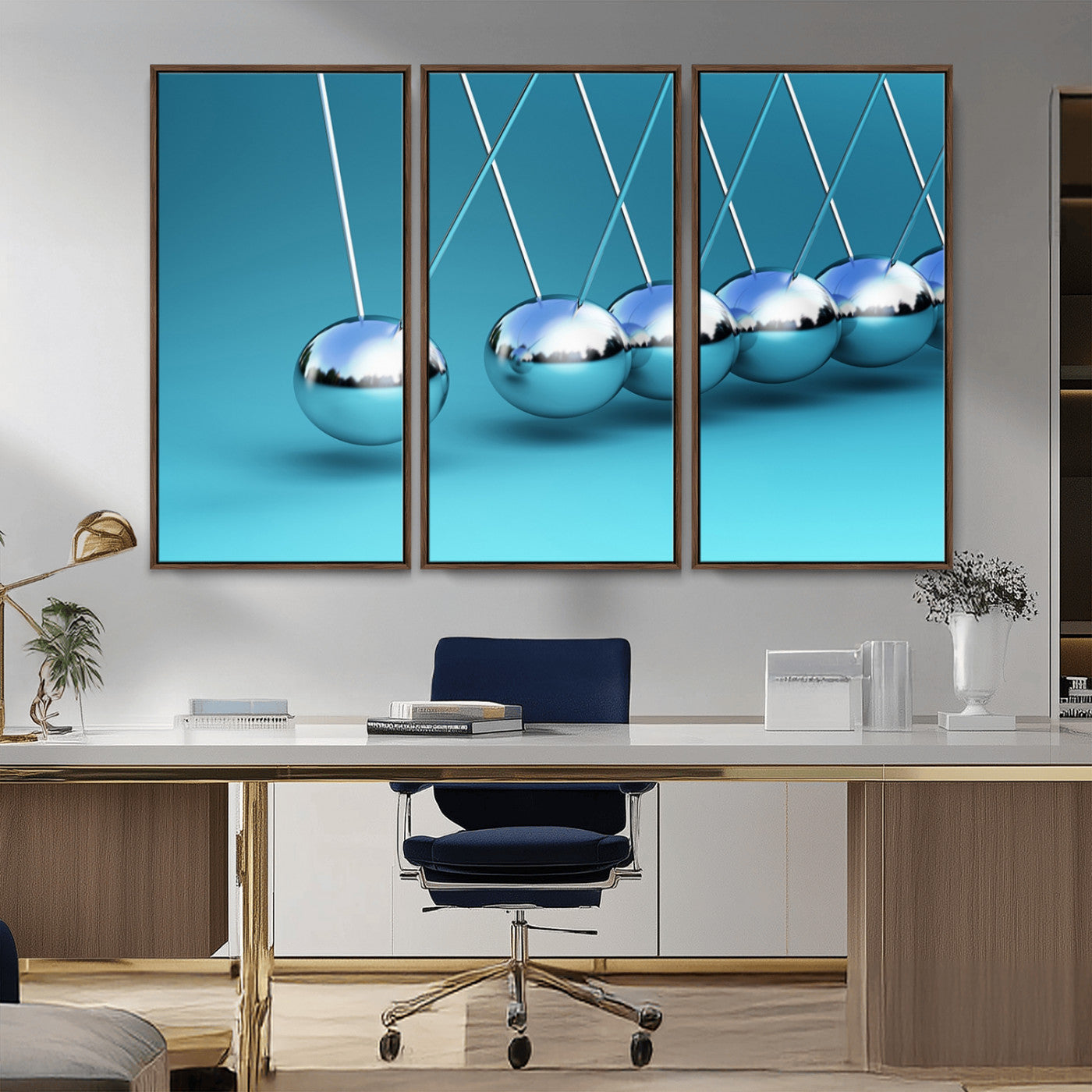89184-MGV-FC-48X32-3P_Walnut-Wall Art Newton's Cradle Canvas Print, Framed Newton Cradle Canvas Print