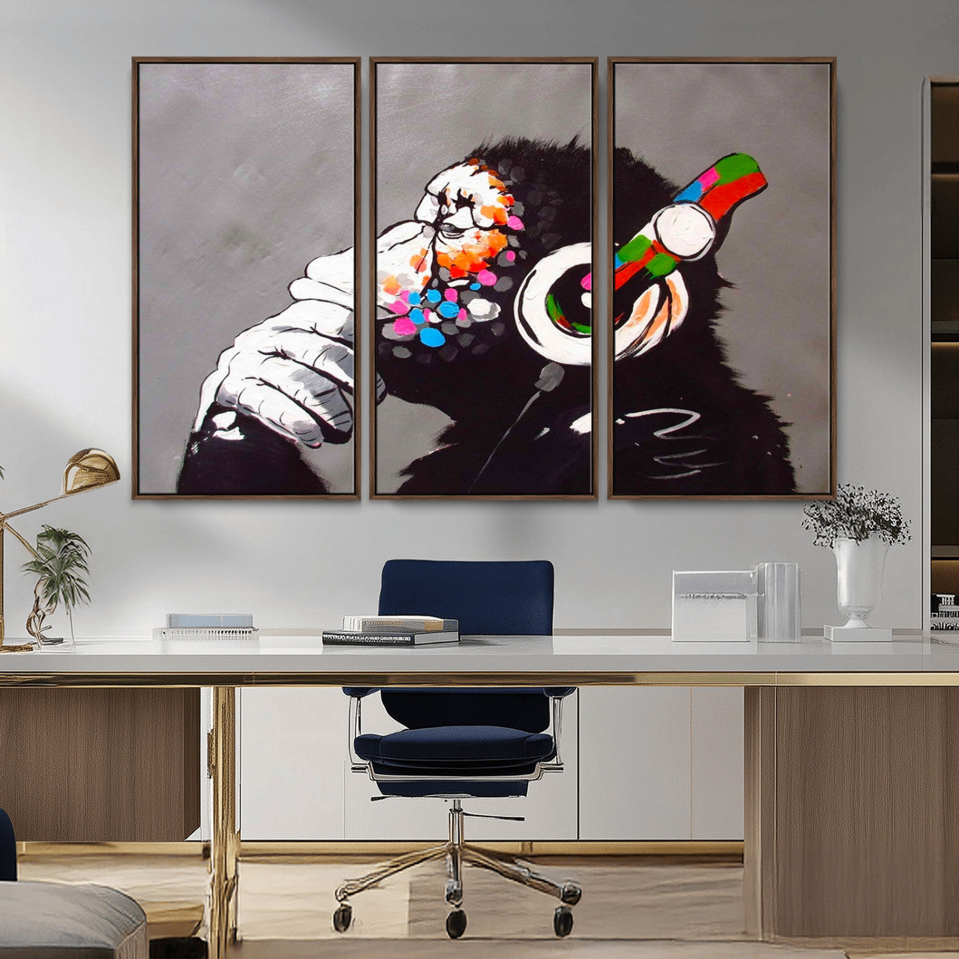 56887-MGV-CV-36X24-Dj Monkey Listening to Music Wall Art Print | Banksy Monkey Large Canvas Print for Living Room,
