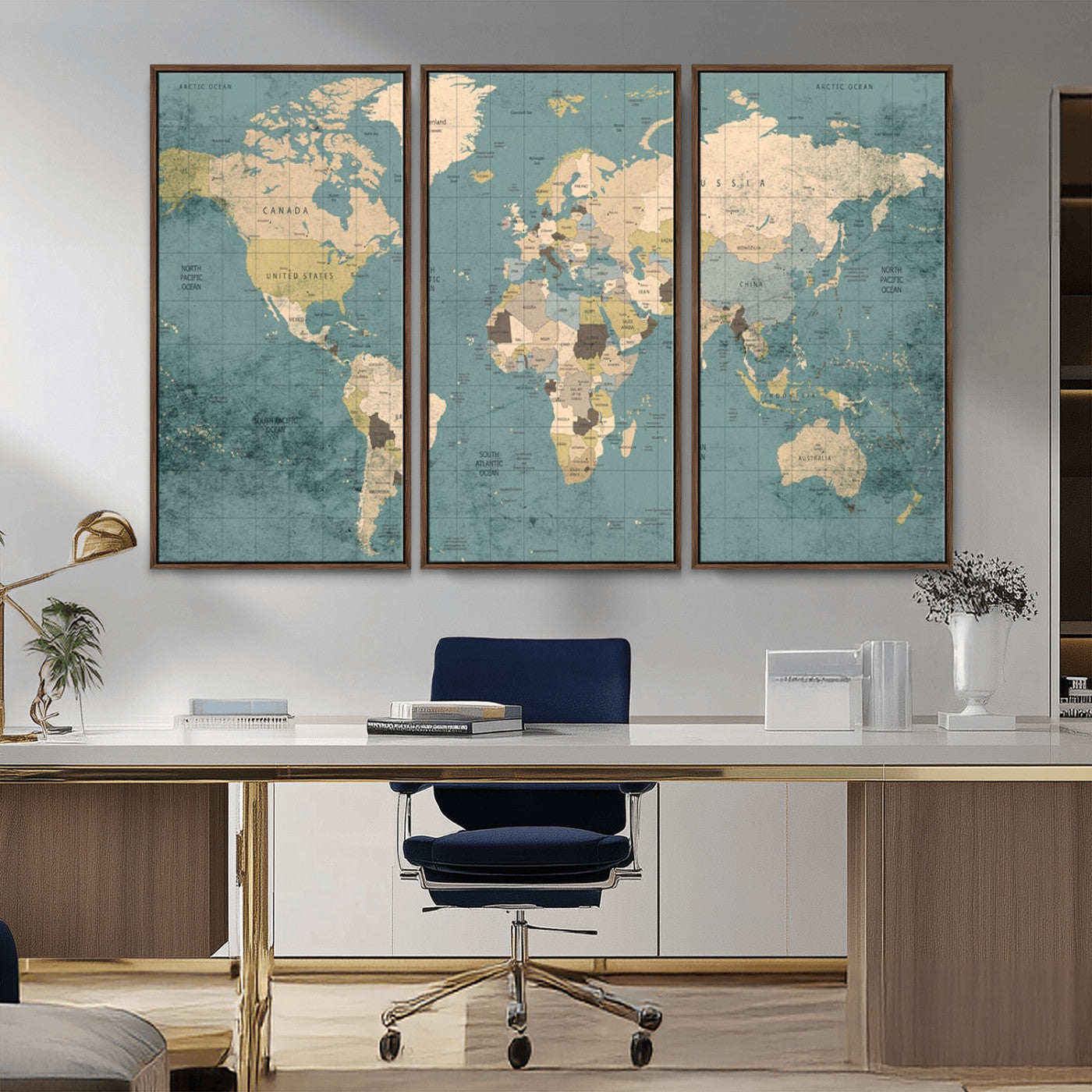 -Classic World Map Canvas Print – Framed Vintage Map Wall Art, Retro Atlas Design for Rustic Explorer or Study Room Decor