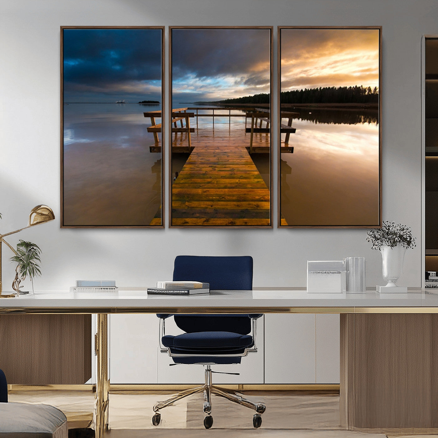 -Serene Lake Pier at Sunset Canvas Print | Landscape Canvas Print | Ready to Hang and Framed Wall Art