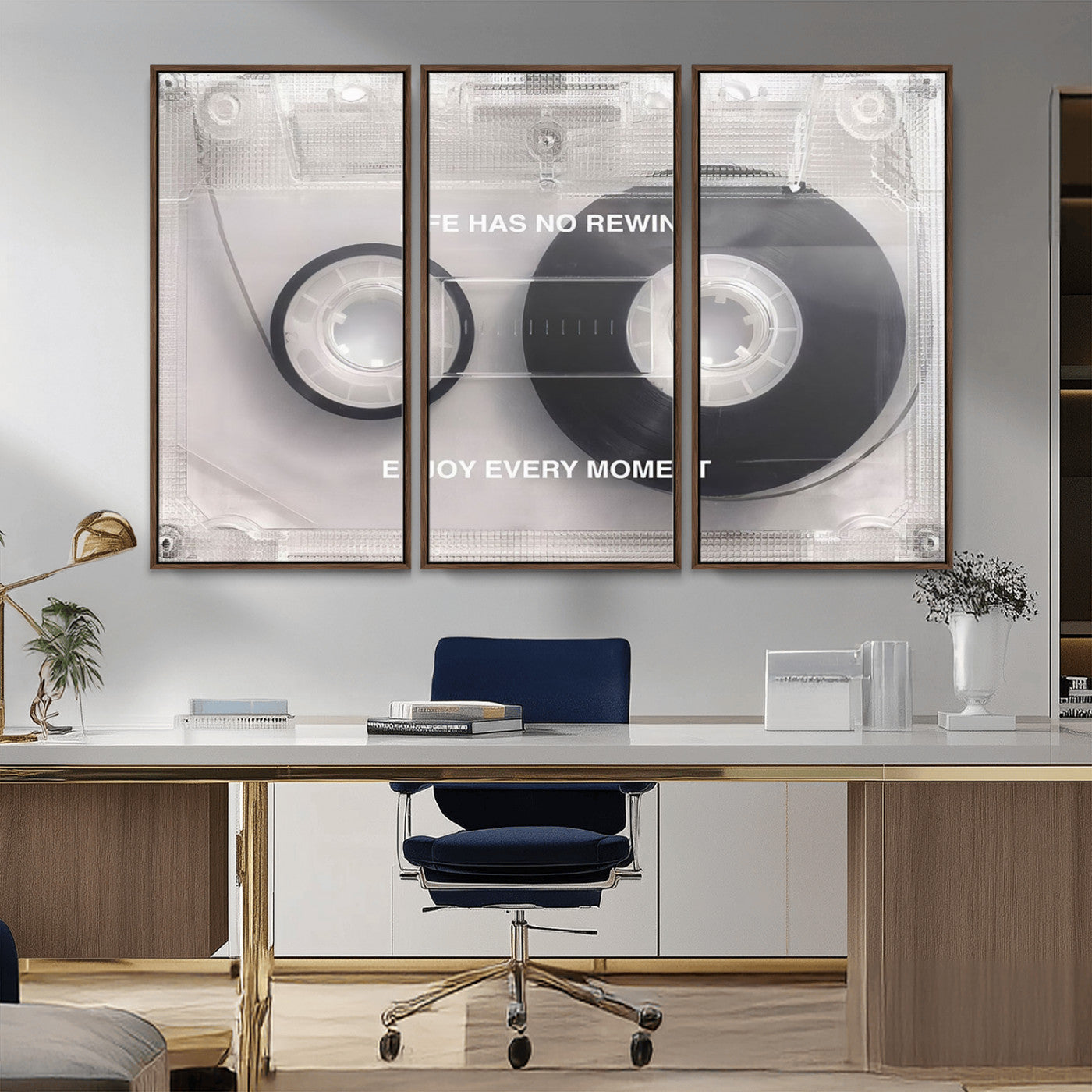 -Vintage Cassette Tape Canvas Wall Art - Inspirational 'Life Has No Rewind' Quote, Retro Music Decor