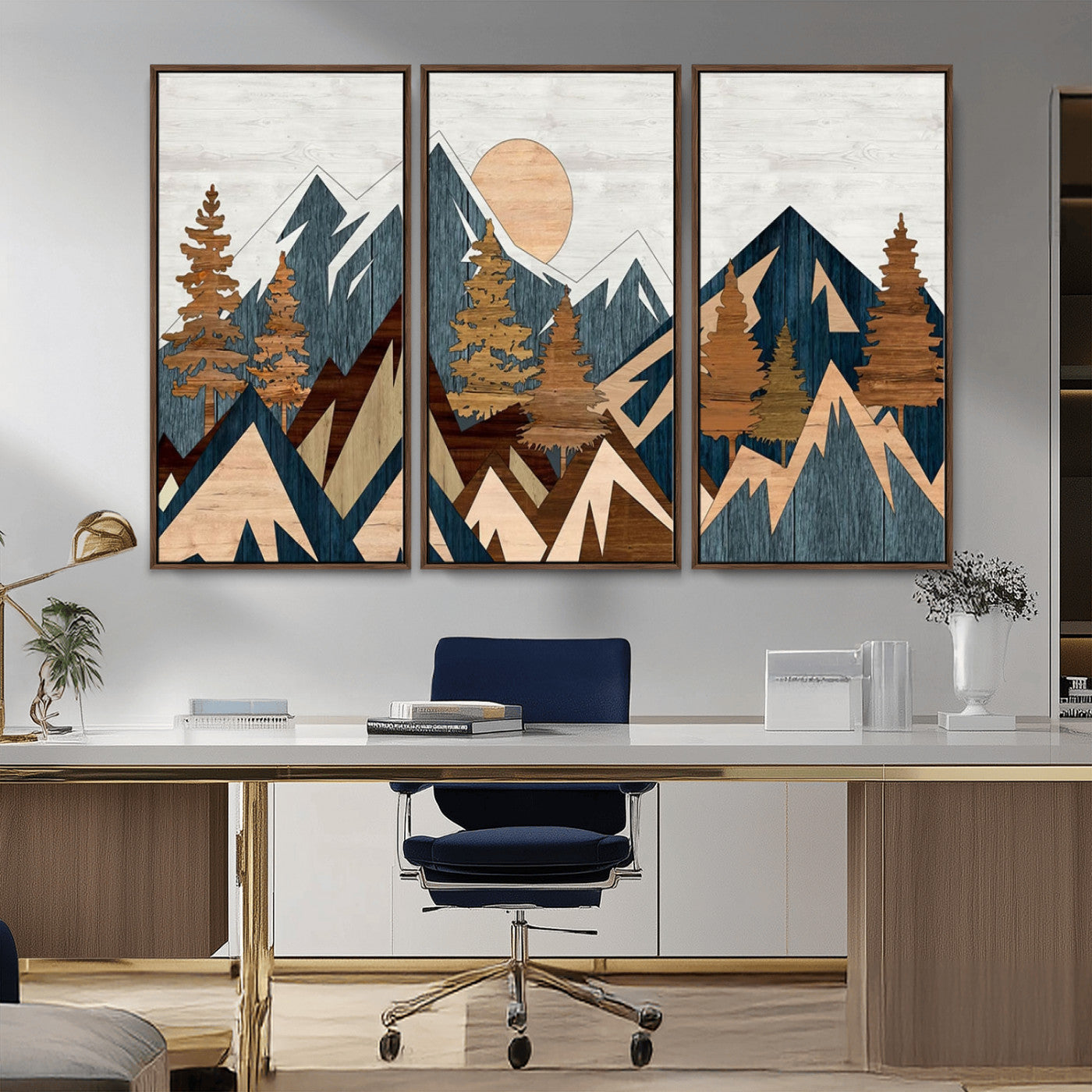 91467-MGV-CV-36X24-Abstract Wood Panel Effect Mountain Range Top Wall Art Canvas Print