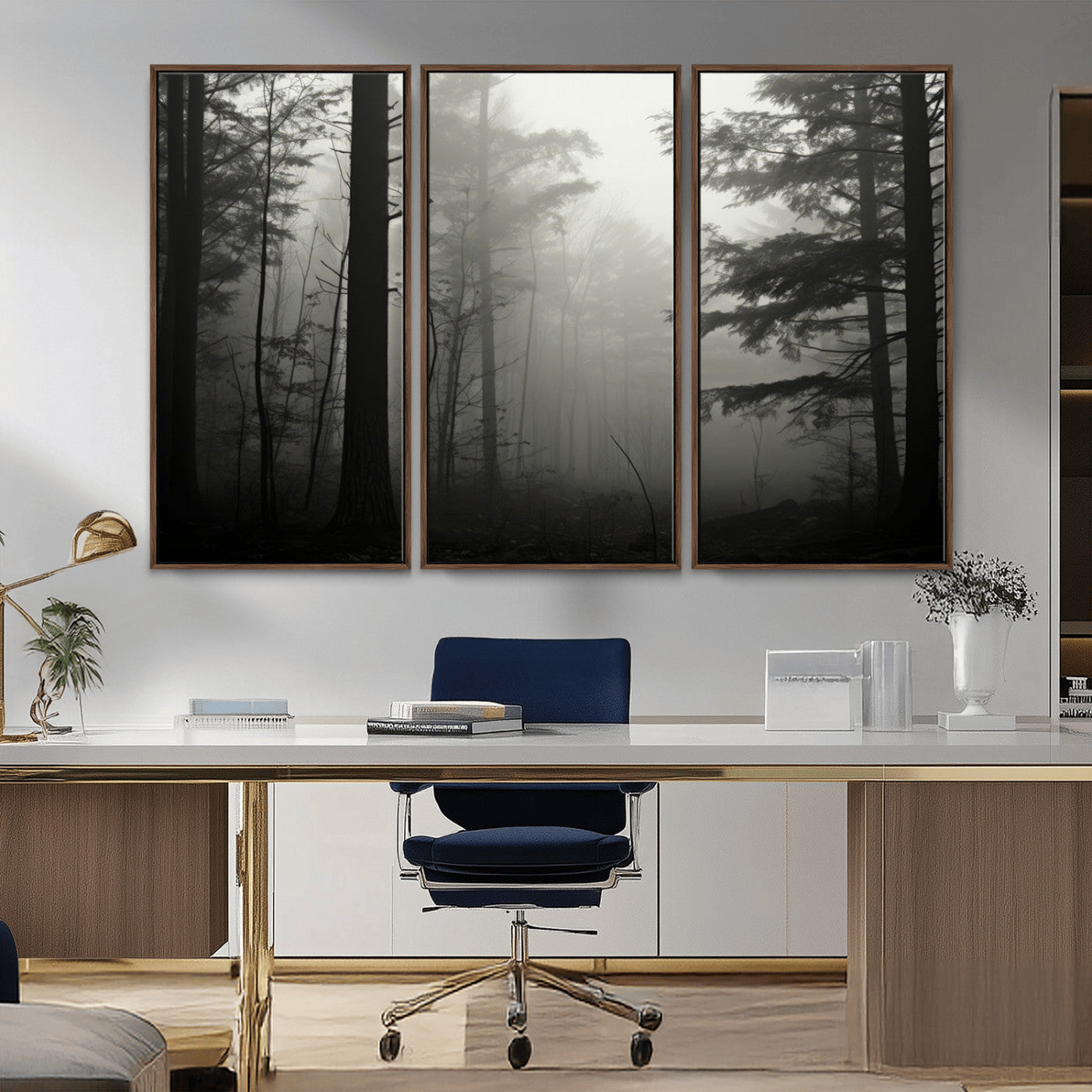 63515-MGV-FC-48X32-3P_Walnut-Misty Forest Wall Art Premium Canvas Print a Foggy and Serene Atmosphere - Nature Wall Art