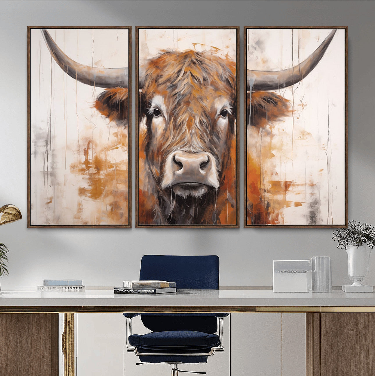 48622-MGV-FC-48X32-3P_Walnut-Vintage Scottish Highland Cow Cattle Art, Scottish Highland Cow Wall Art Print, Farmhouse Wall Art