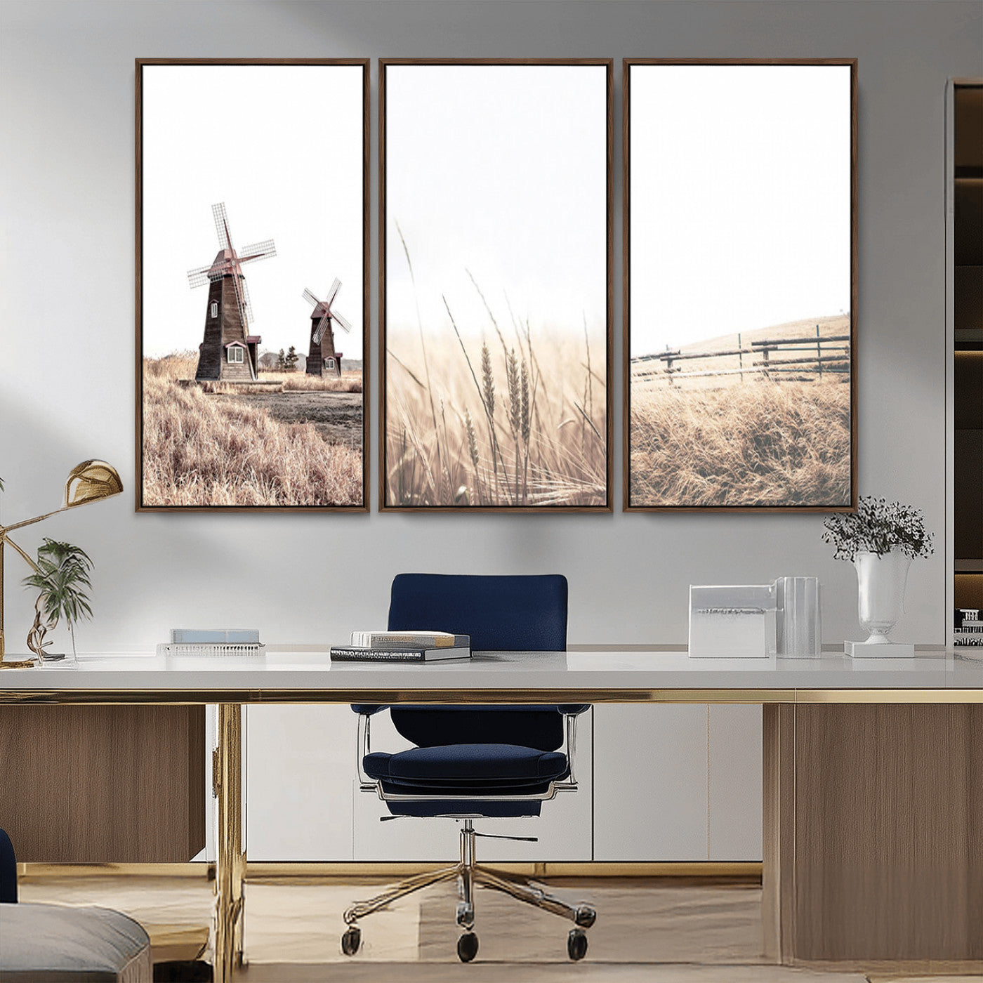 56649-MGV-FC-48X32-3P_Walnut-Farm Prints Set, Set of 3 Farmhouse Wall Art, Country House Decor, Barn Print, Wheat Print,