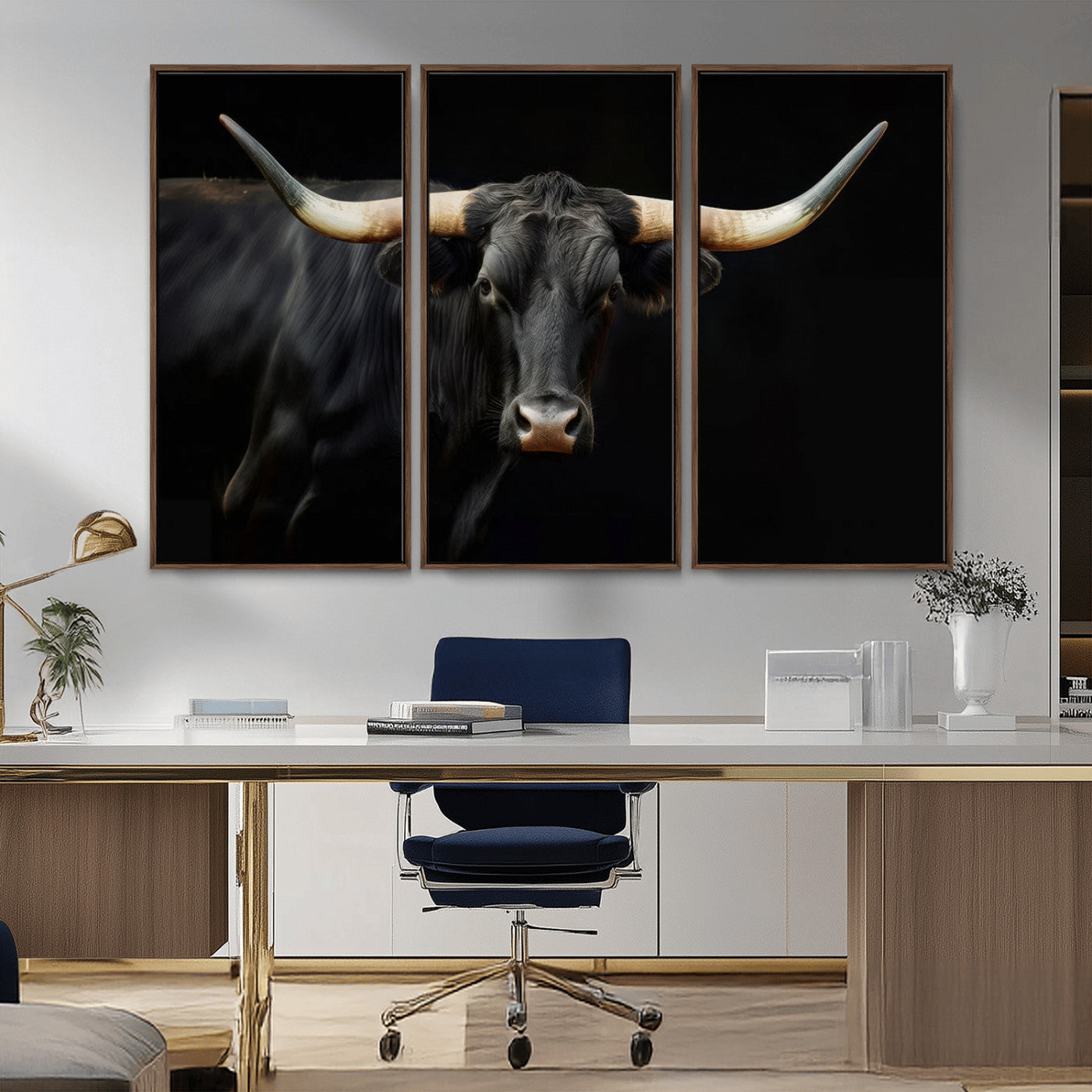 63798-MGV-FC-48X32-3P_Walnut-Black Bull Wall Art – Majestic Longhorn Canvas Print with Dark Background, Rustic Western Farmhouse Decor for Living Room or Office